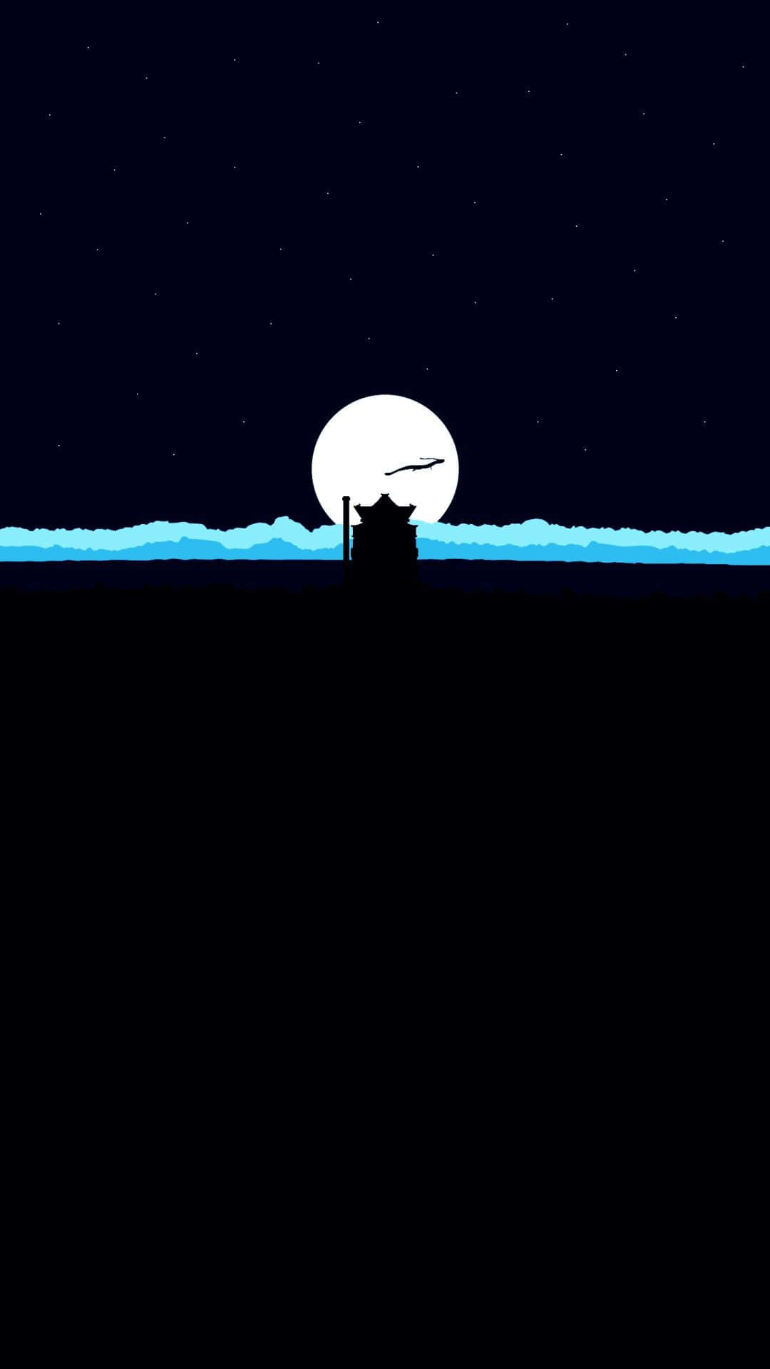 Moon Aesthetic 桌布 壁紙 — 一座孤獨的寶塔剪影矗立在發光的滿月和繁星夜空前，有一隻飛鳥。