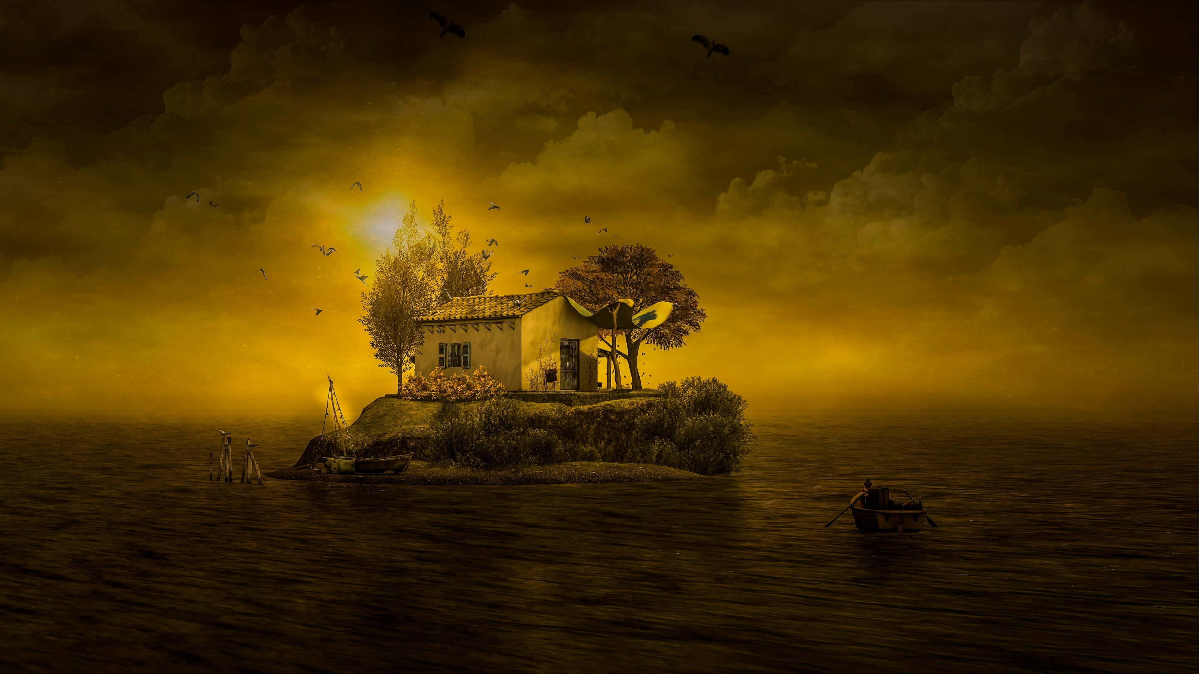 Dark Island 桌布 壁紙 — 一座孤獨的房子坐落在廣闊海洋中的一個小島上，金色夕陽的天空下，鳥兒在頭頂飛翔。
