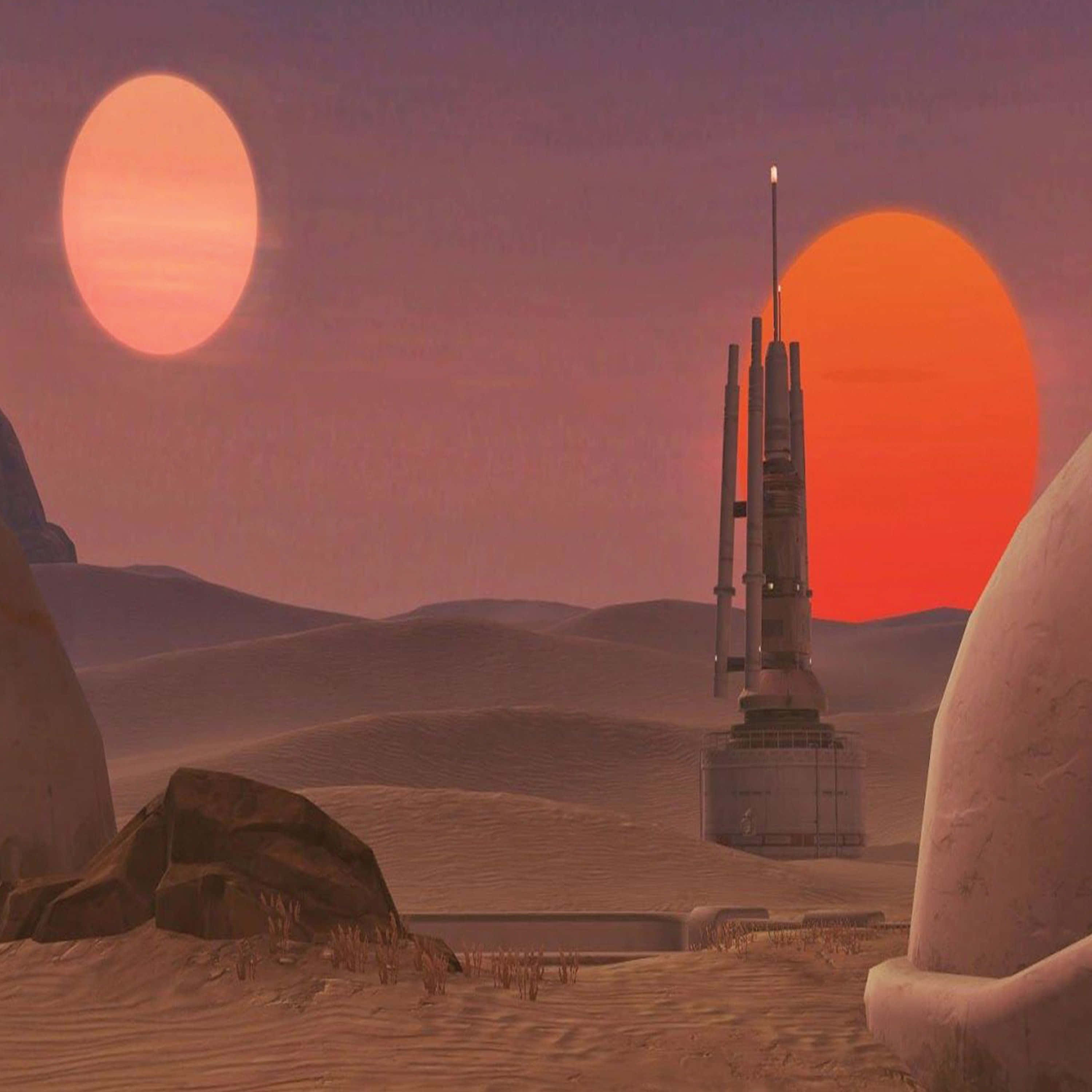 Tatooine 桌布 壁紙 — 一座孤獨的未來主義塔樓矗立在沙漠中，雙重日落，一個橙色和一個粉紅色的太陽。