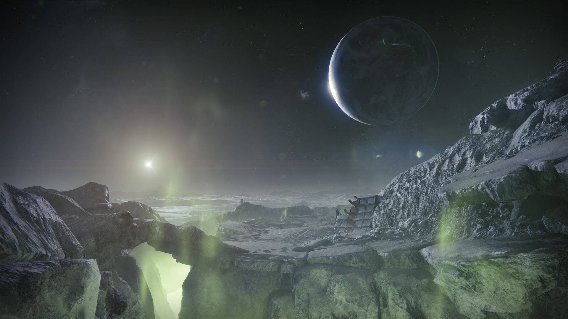 destiny 2 shadowkeep 桌布 壁紙 — 一座孤獨的未來主義建築棲息在岩石外星懸崖上，下方是發光的太陽和巨大的新月。