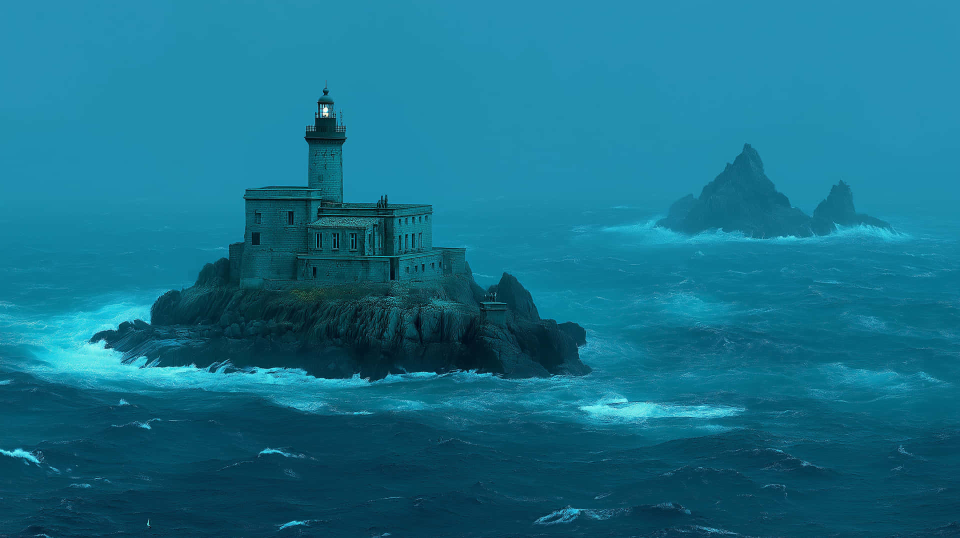 Sturdy Lighthouse on Rocky Isle Amidst Raging Ocean Waves 壁紙 — 一座孤獨的燈塔在岩石島上屹立不搖，周圍是翻騰的藍綠色海水，天空迷濛。