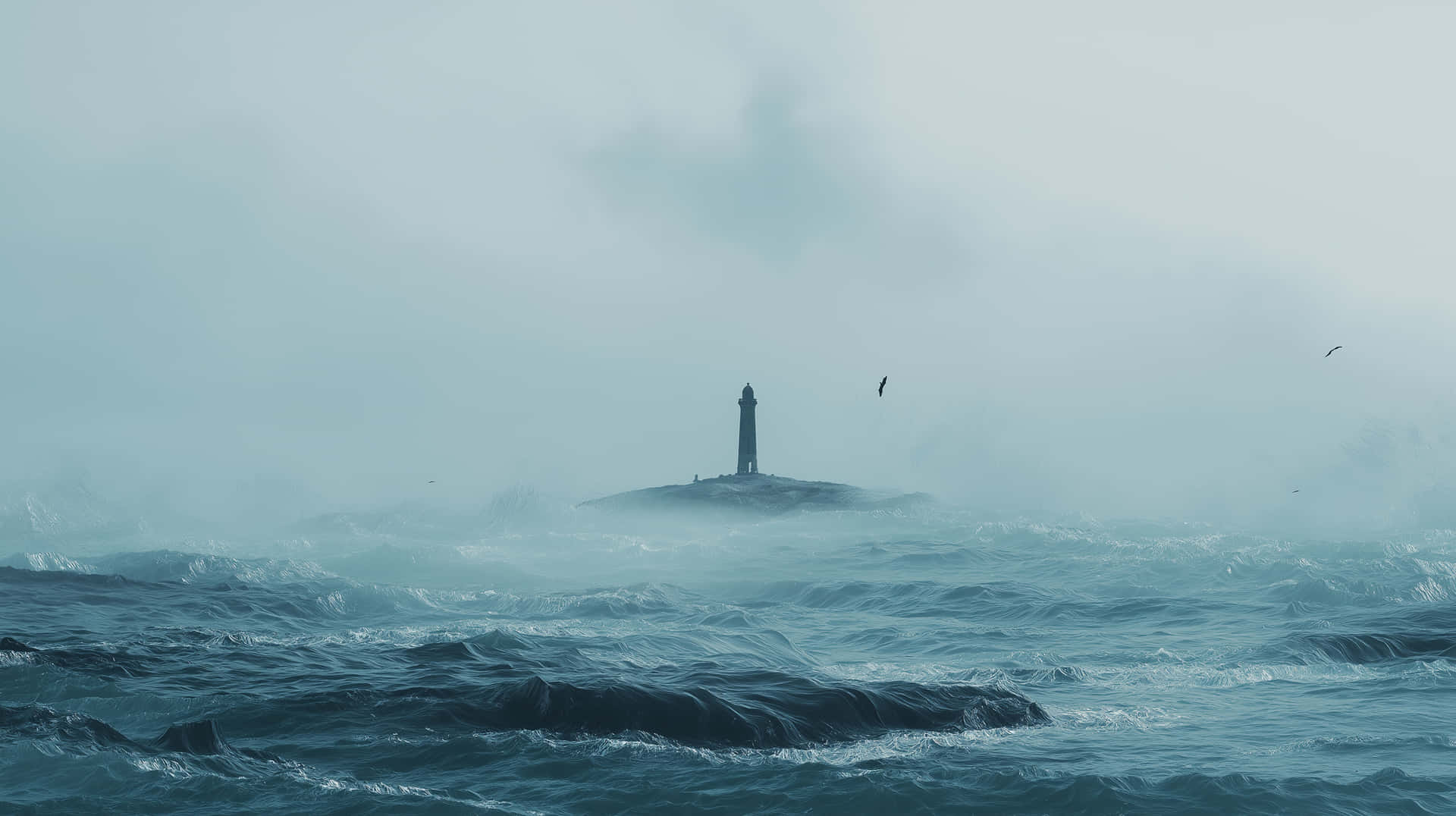 Misty Lighthouse on Rocky Outcrop in Rough Ocean Waters 壁紙 — 一座孤獨的燈塔矗立在霧氣籠罩的岩石島上，四周是翻騰的藍綠色海浪，天空多雲。