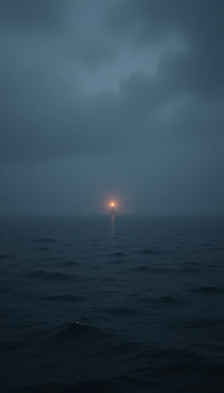 Ocean Aesthetic Phone 桌布 壁紙 — 一座孤獨的燈塔穿透迷霧黑暗，矗立在暴風雨的海上，其溫暖的光芒反射在翻騰的波浪上。