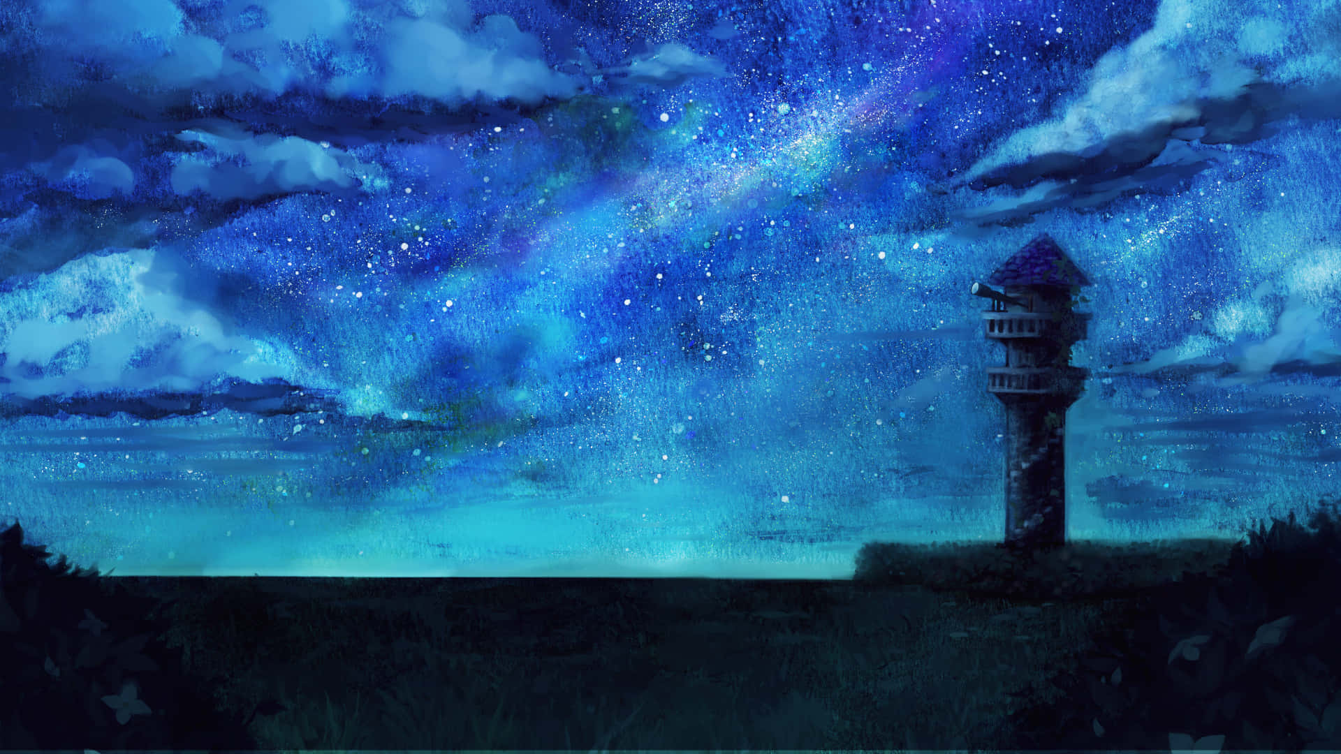 dreamy 桌布 壁紙 — 一座孤獨的石塔矗立在充滿活力的星空夜空下，有旋轉的宇宙雲和發光的星雲。