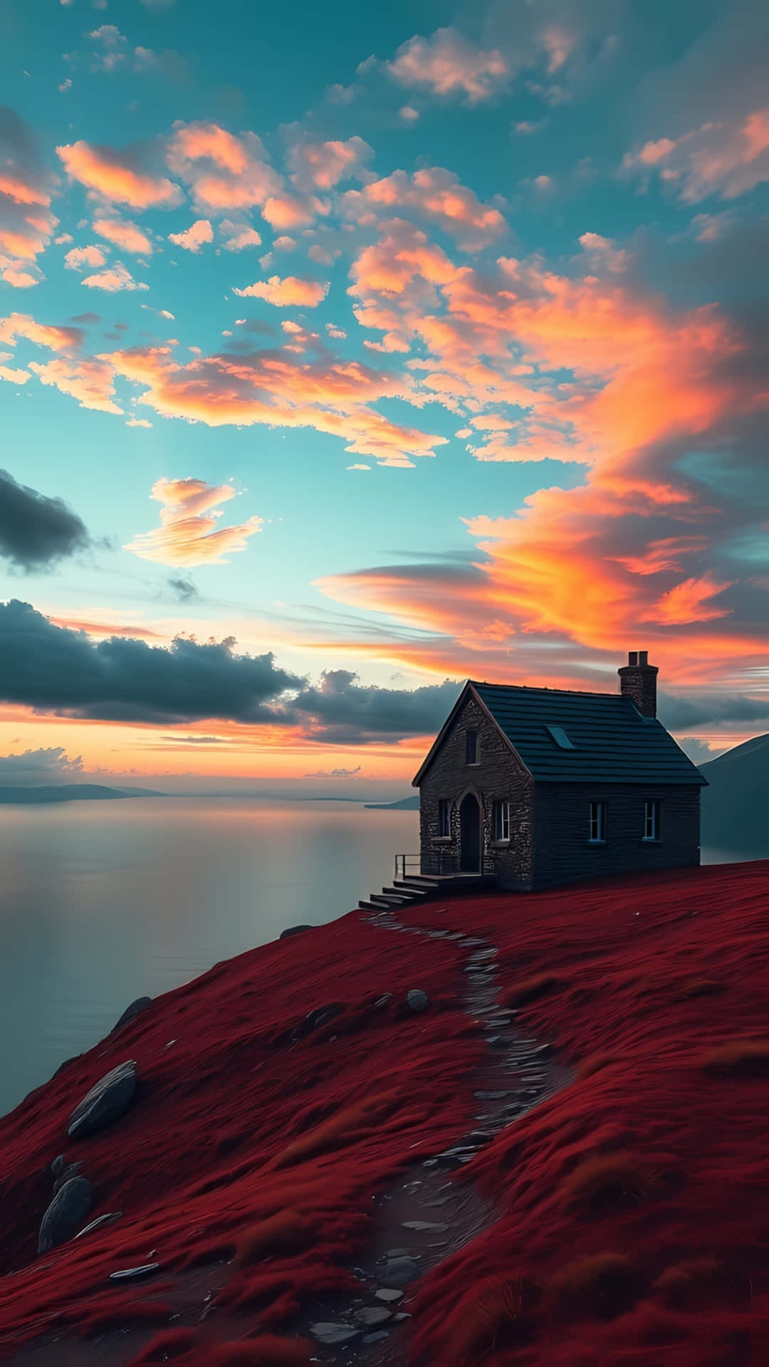 Lonely House on Red Hill at Dreamy Sunset 壁紙 — 一座孤獨的石屋坐落在充滿活力的紅色懸崖上，俯瞰著平靜的大海，背景是戲劇性的日落天空。