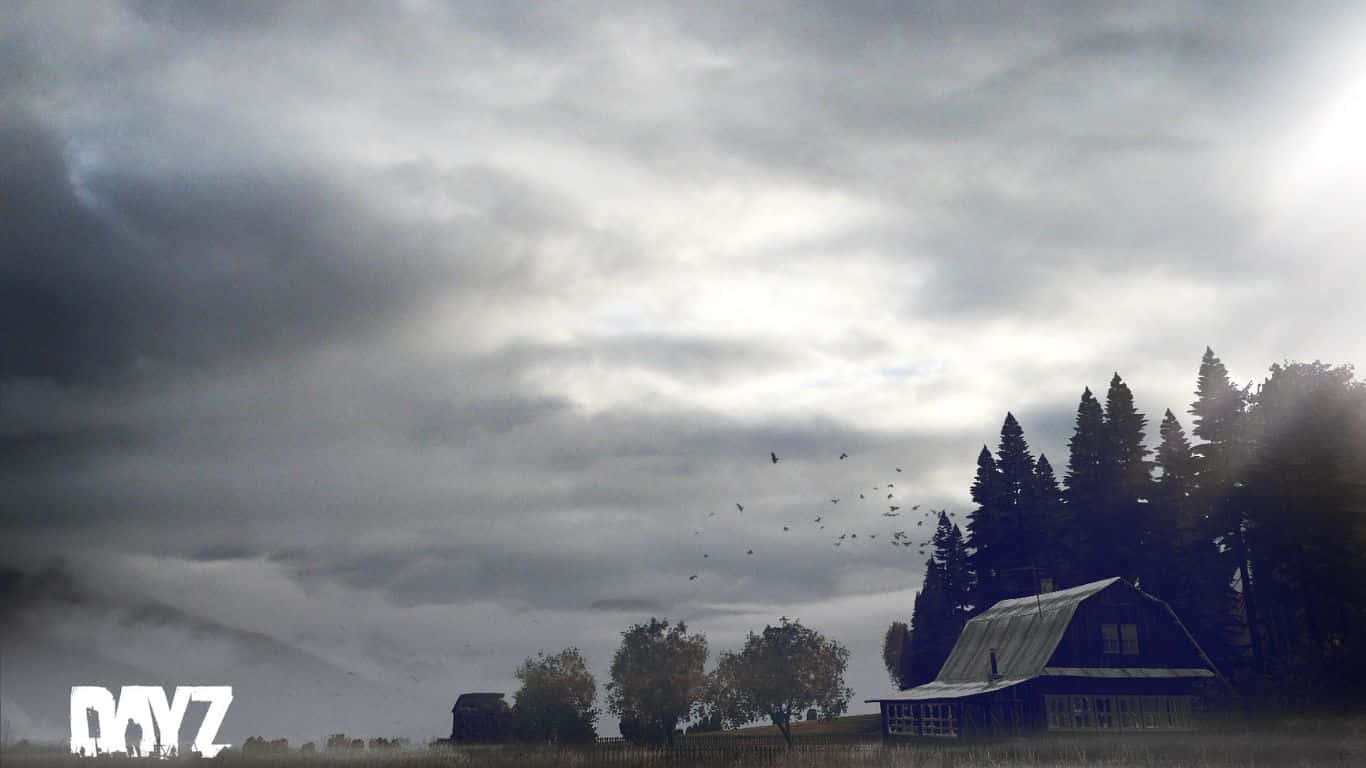 Dark Clouds 桌布 壁紙 — 一座孤獨的藍色穀倉矗立在陰沉灰暗的天空下，鳥兒在陰霾的地平線上散開。