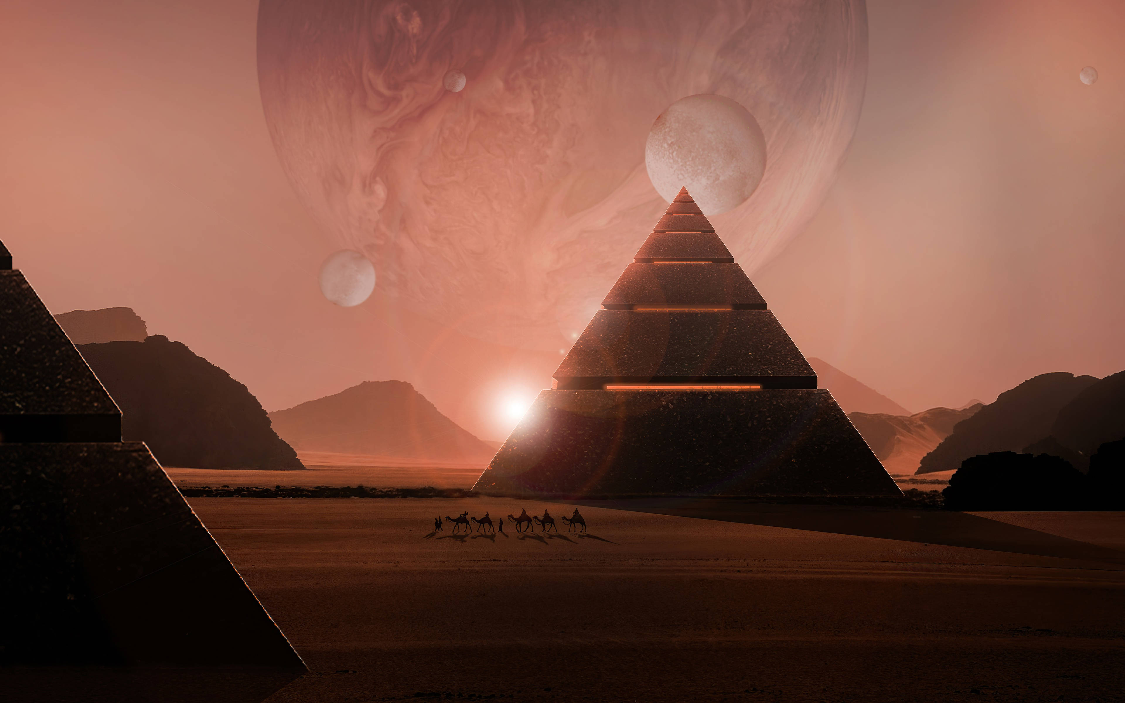 Sci Fi Landscape 桌布 壁紙 — 一座孤獨的金字塔矗立在沙漠中，天空超現實，有巨大的行星和夕陽投下長長的影子。