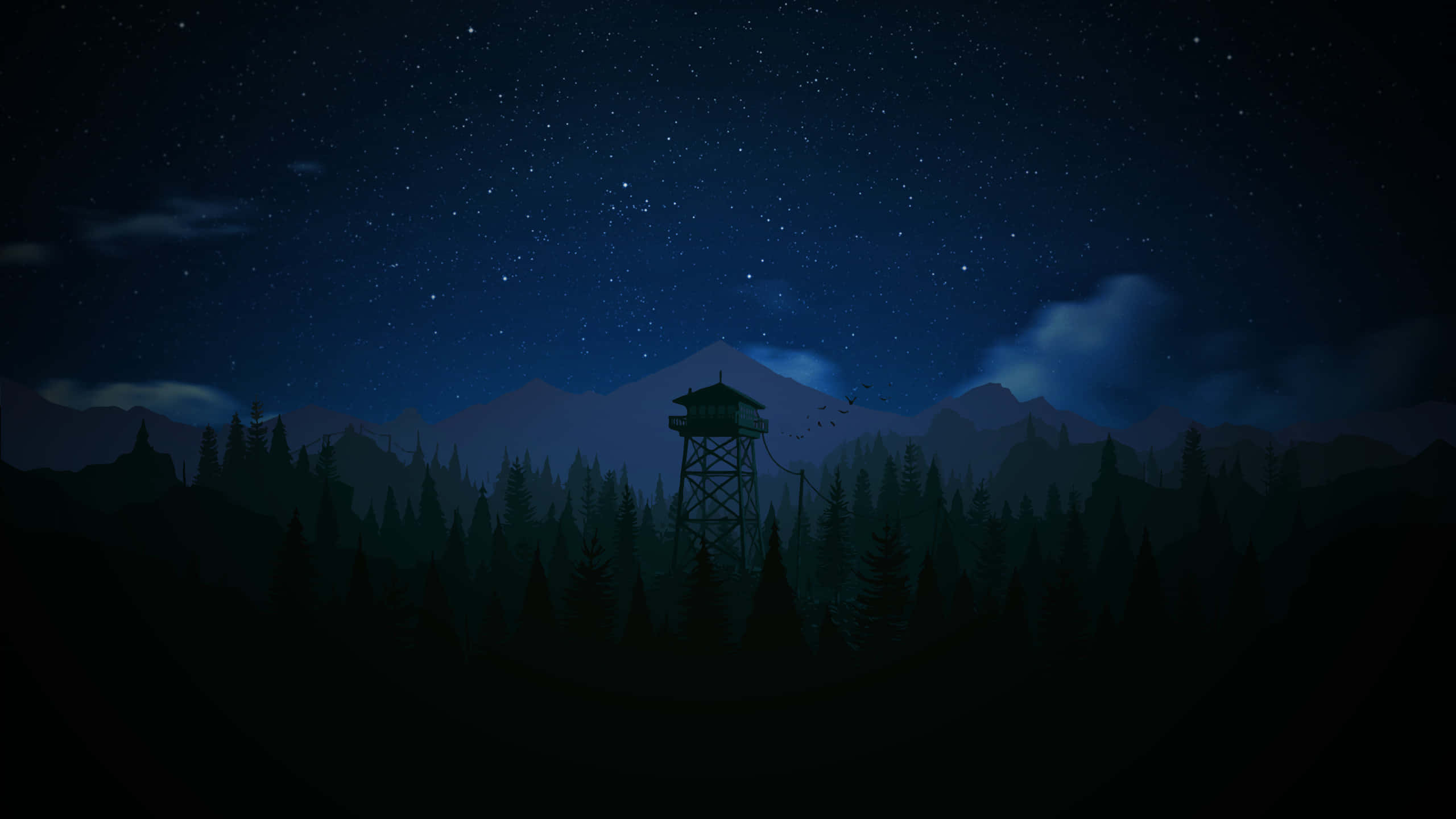 夜晚森林中的防火瞭望塔，星空下遠山 — 火線觀測者 GIF 壁紙