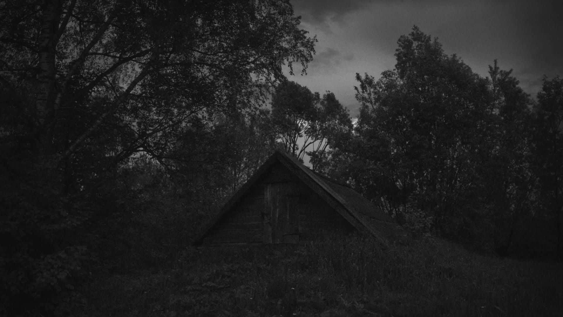 一座被樹木環繞的小屋，位於陰暗的森林中，天空多雲。 — 黑暗悲傷動圖 壁紙