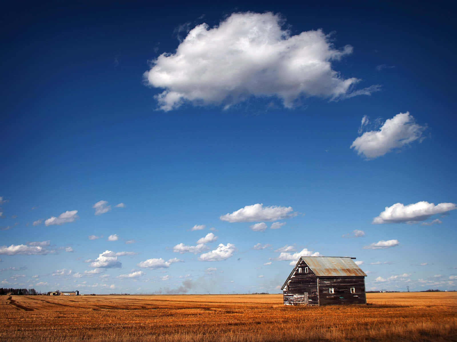 Farmhouse Desktop 桌布 壁紙 — 一座孤獨的風化木造穀倉矗立在廣闊的金色田野中，上方是點綴著蓬鬆白雲的燦爛藍天。