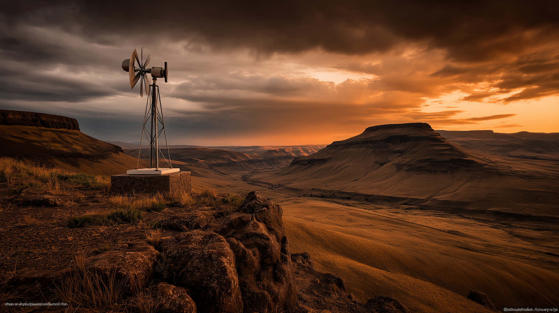 Rustic Windmill on a Hilltop at Sunset 壁紙 — 一座孤獨的風車矗立在岩石懸崖上，俯瞰著廣闊的金色峽谷，背景是戲劇性的橙色和灰色日落天空。