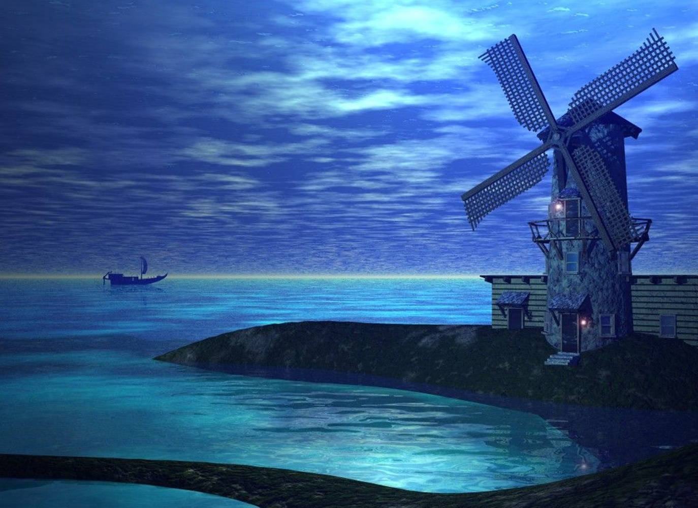 windmill 桌布 壁紙 — 一座孤獨的風車矗立在岩石海岸懸崖上，暮色中，一艘小船在平靜的藍色海面上漂流，天空多雲。
