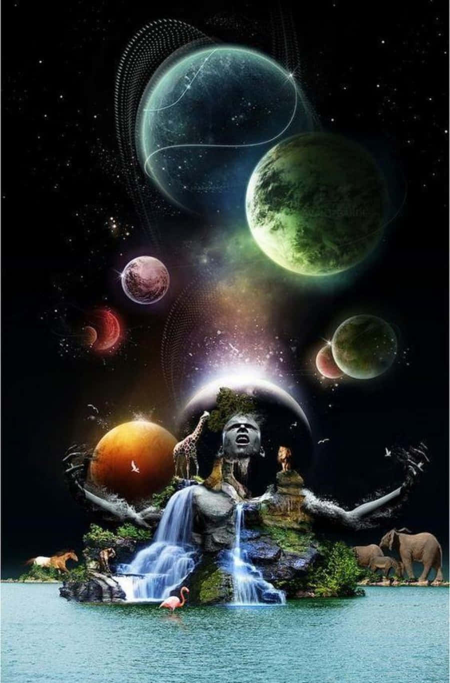 Spirituality 桌布 壁紙 — 一座宇宙雕像張開雙臂，站在一個被行星和動物環繞的島嶼瀑布上，背景是星空。