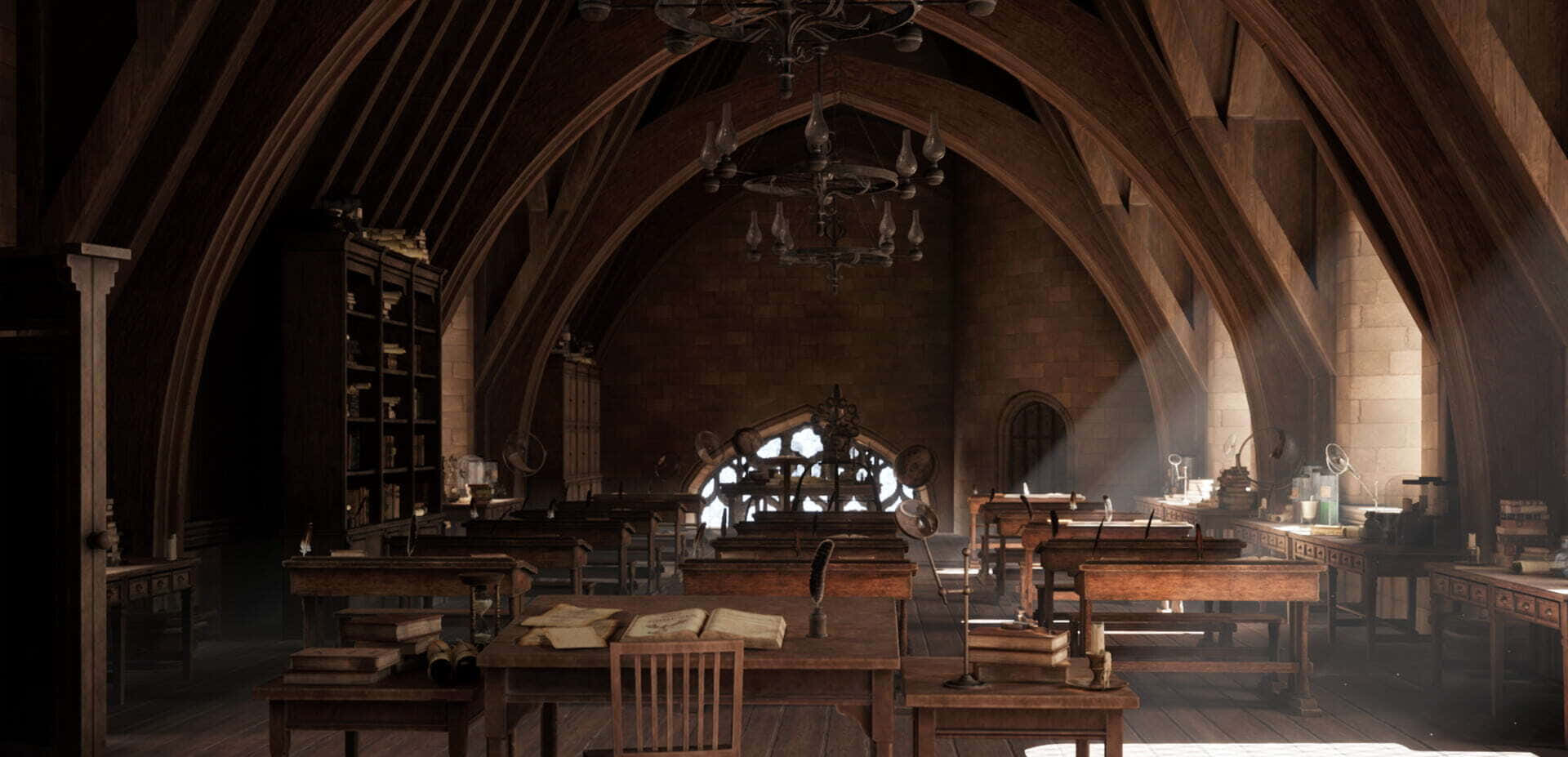 The Hogwarts Potions Class 桌布 壁紙 — 一座宏偉的中世紀圖書館，擁有拱形木質天花板、佈滿灰塵的書架，以及陽光照射在木桌上照亮古老書卷的景象。