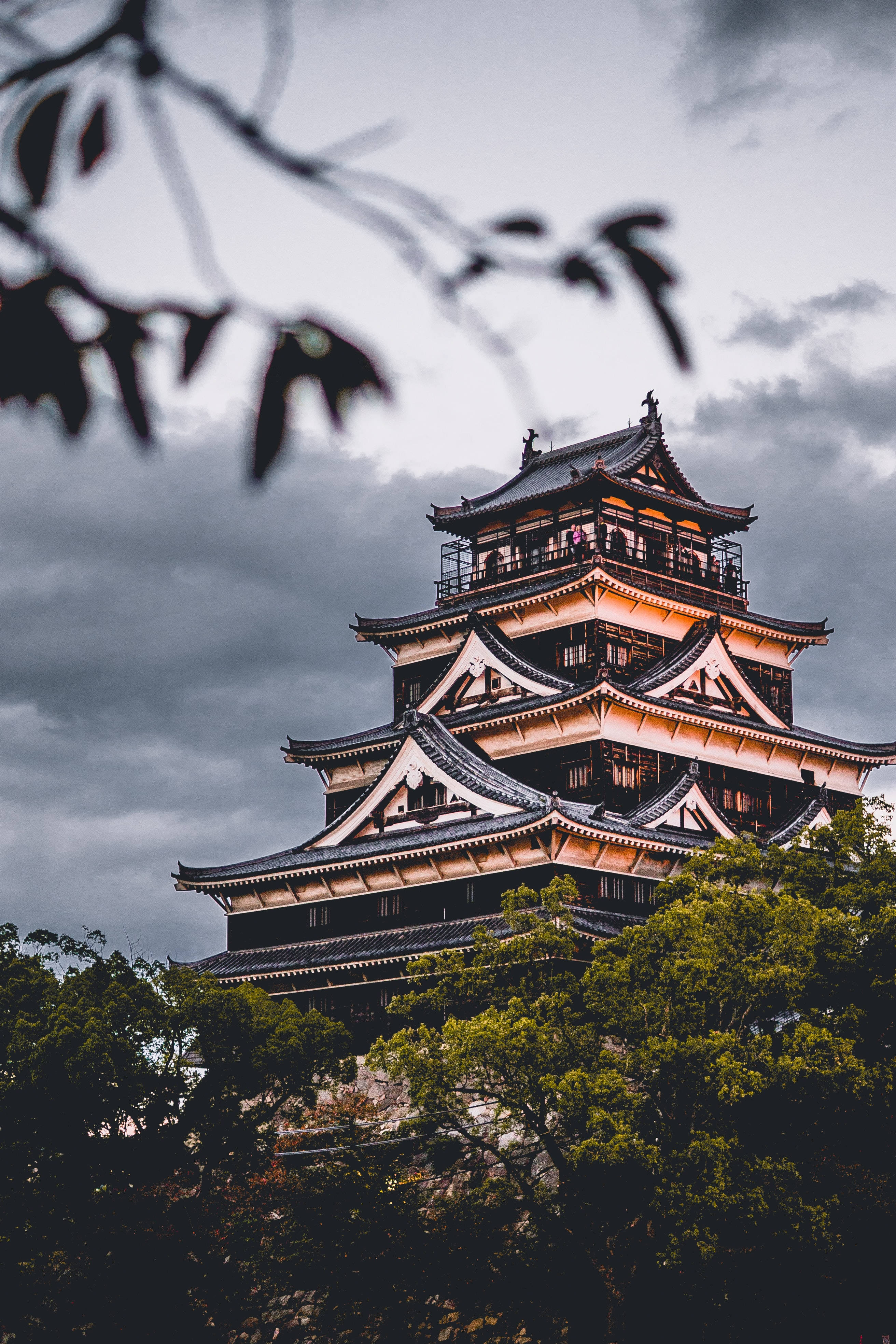 日本 桌布 壁紙 — 一座宏偉的傳統日本城堡，在陰沉的灰色天空襯托下發光，被深色樹枝環繞。