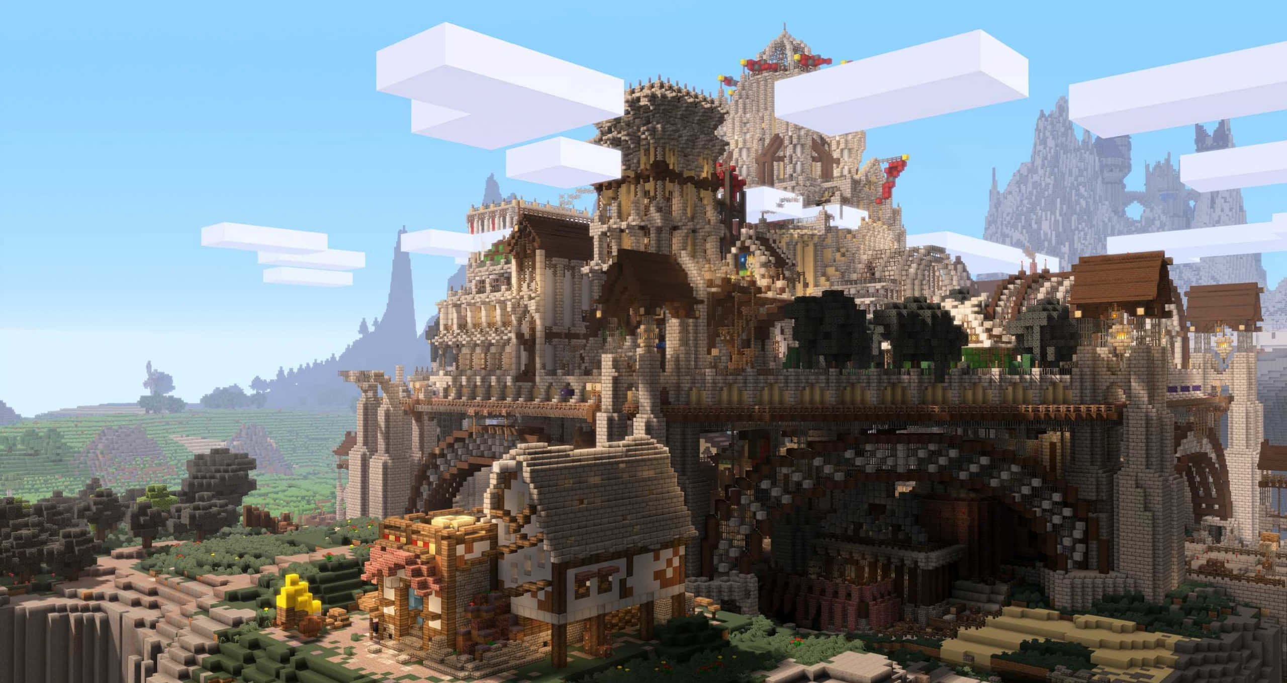 可愛 Minecraft 桌布 壁紙 — 一座宏偉的像素化城堡，漂浮島嶼和方塊樹木，襯著清澈的藍天。