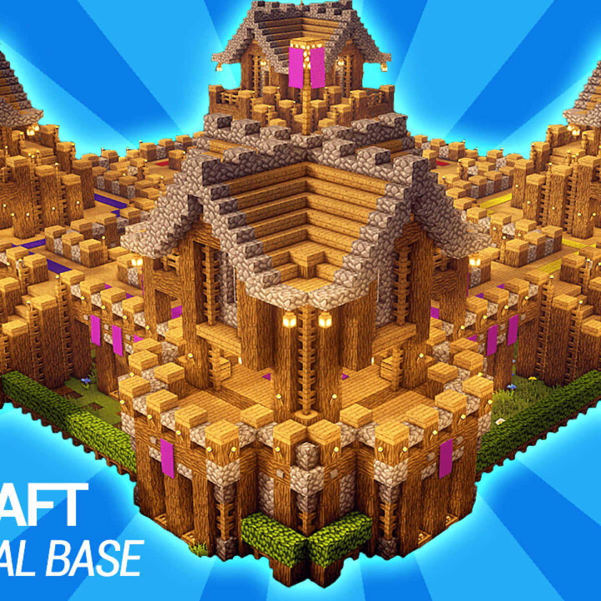 Minecraft Building 桌布 壁紙 — 一座宏偉的像素風木造堡壘，帶有石頭點綴和發光燈籠，漂浮在水面上，映襯著燦爛的藍天。