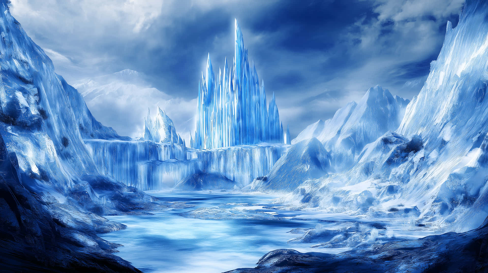 Vibrant Ice Kingdom Under Celestial Aurora Display 壁紙 — 一座宏偉的冰城堡從冰凍的湖面升起，周圍是鋸齒狀的藍色冰山，天空風暴密布。