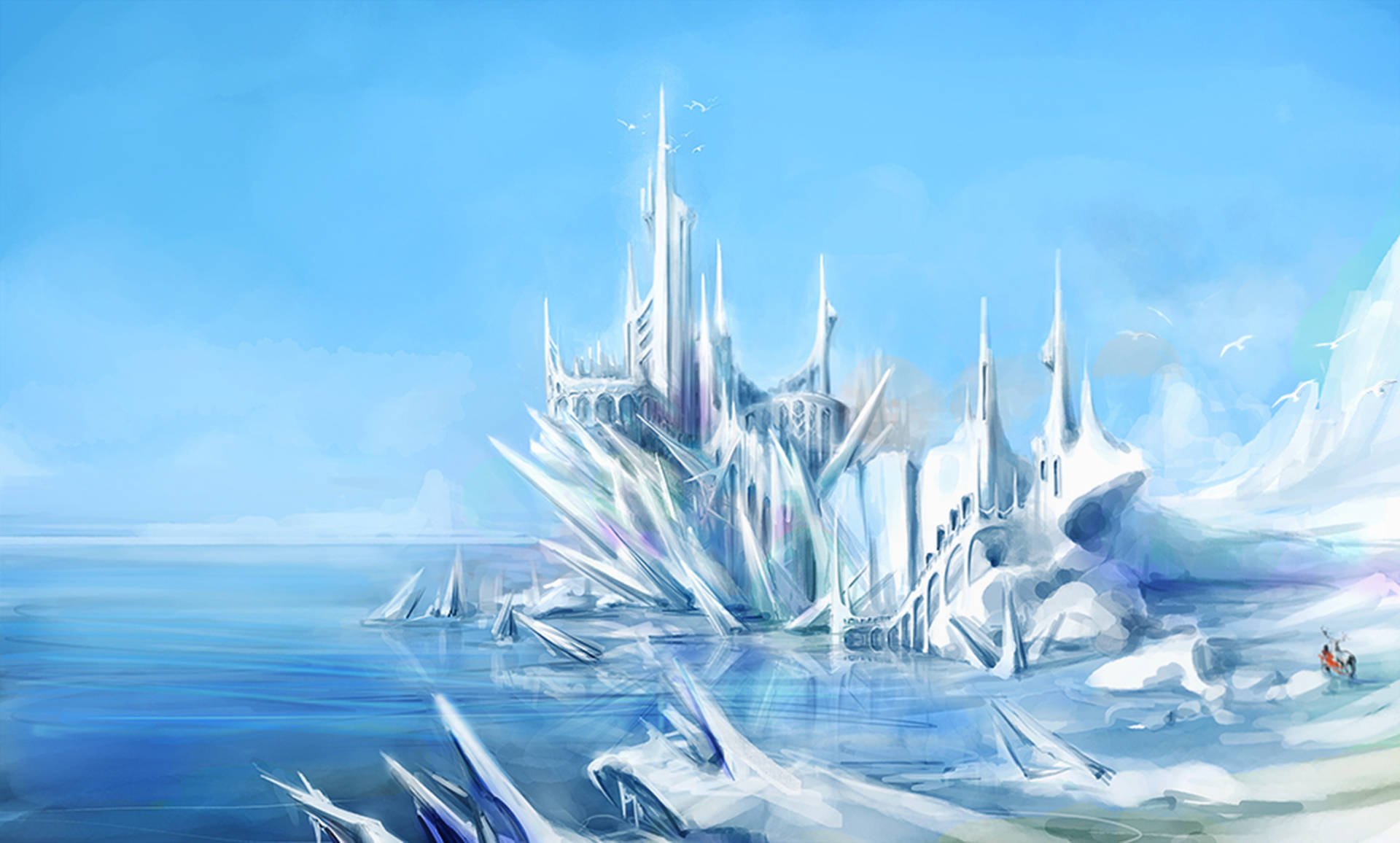 Frozen Castle 桌布 壁紙 — 一座宏偉的冰城堡從冰封的海洋中升起，在清澈的藍天下，鳥兒在上空翱翔。
