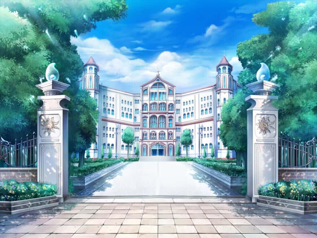 動漫 桌布 壁紙 — 一座宏偉的動漫風格學校建築，擁有紅色屋頂和白色牆壁，矗立在明亮的藍天下，周圍環繞著茂密的綠樹和華麗的大門。