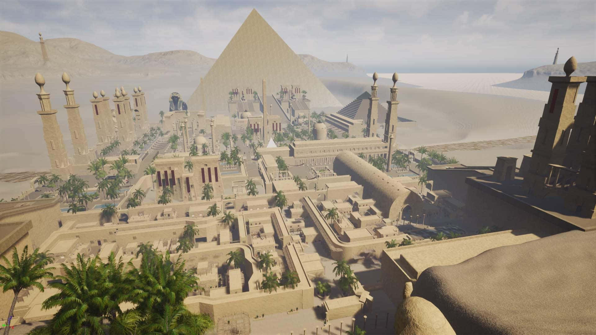 Ancient Egypt 桌布 壁紙 — 一座宏偉的古埃及城市，金字塔和棕櫚樹在朦朧的天空下。