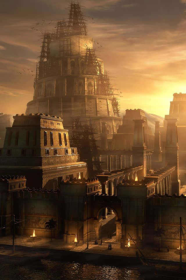 Kingdom 桌布 壁紙 — 一座宏偉的古城，有一座高聳、部分廢墟的神殿沐浴在金色的日落光芒中。