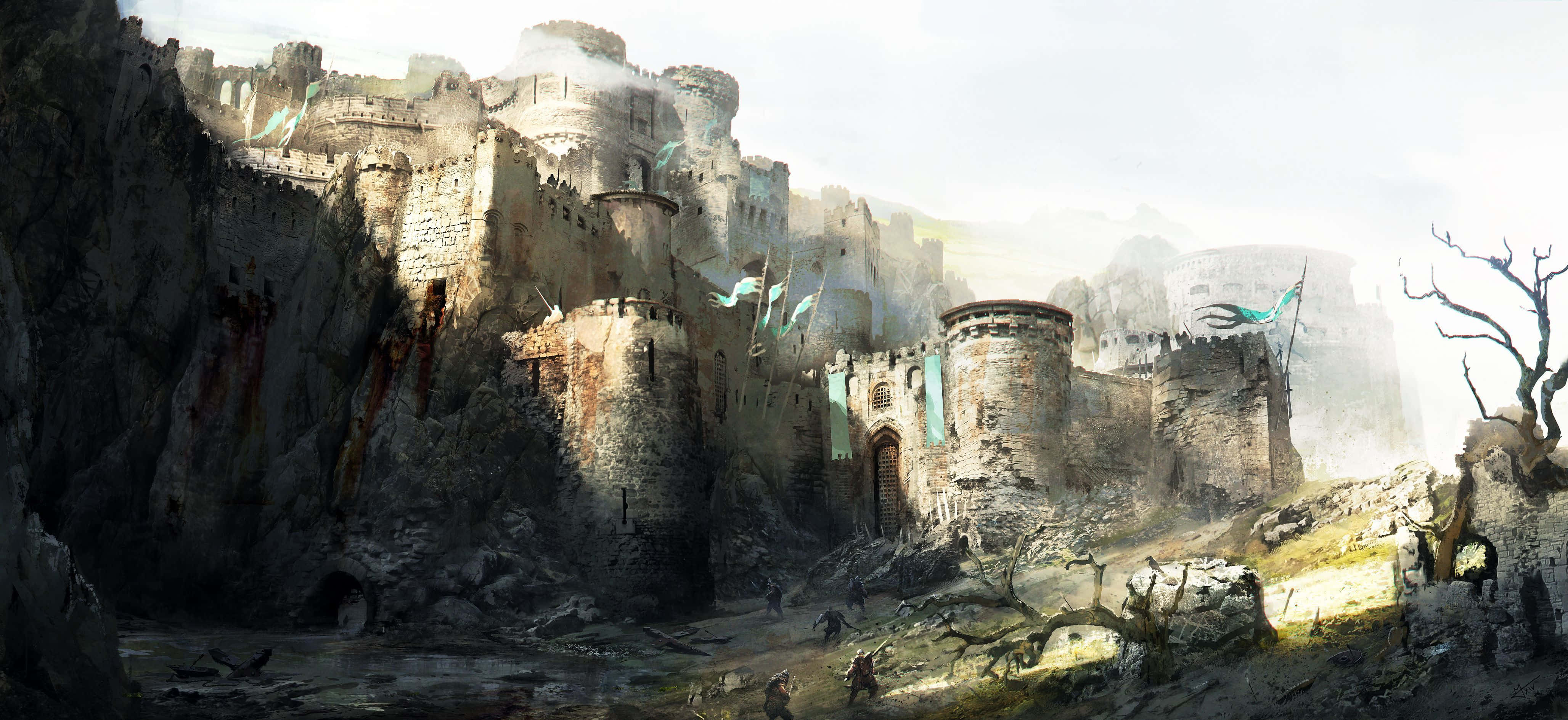For Honor 桌布 壁紙 — 一座宏偉的古老城堡坐落在懸崖邊，有搖搖欲墜的塔樓和隨風飄揚的旗幟。