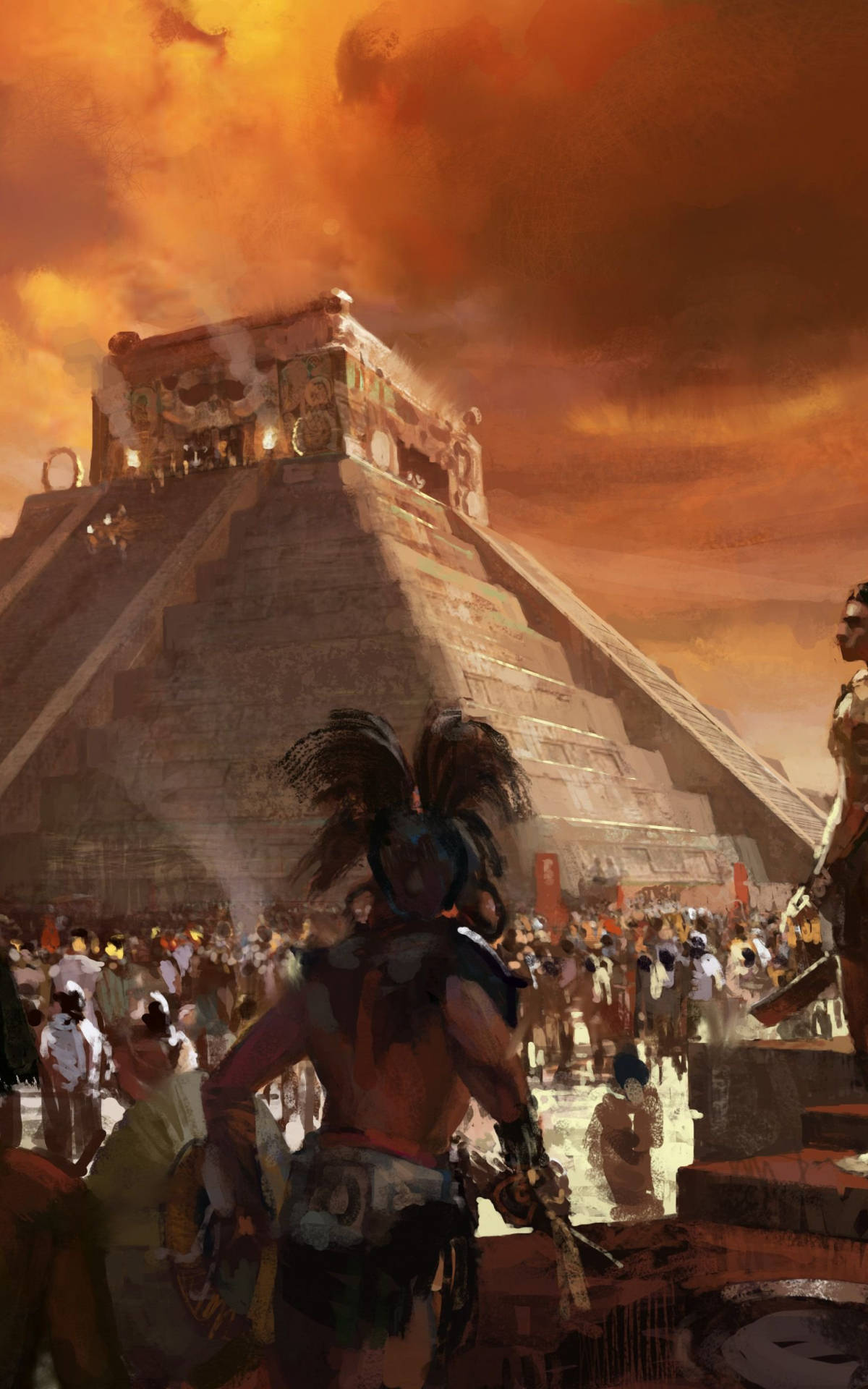 civilization 5 桌布 壁紙 — 一座宏偉的古老金字塔沐浴在熾熱的夕陽光中，人群聚集參加儀式活動。