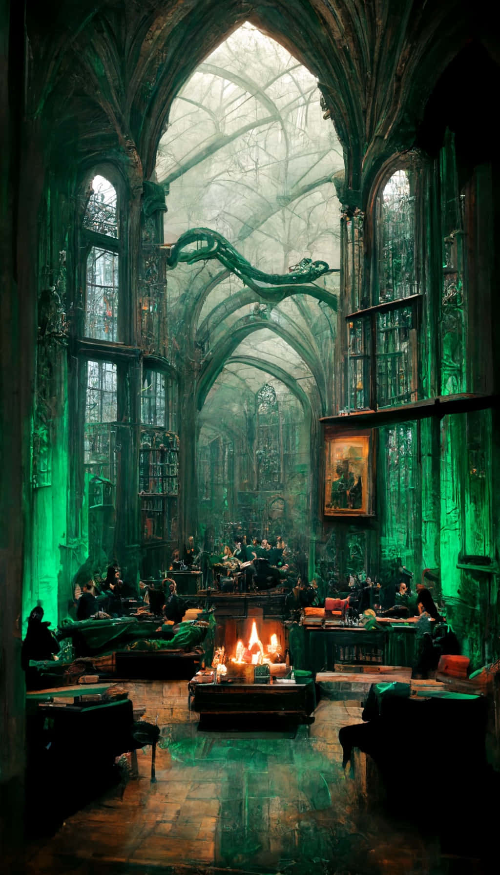 Slytherin Common Room 桌布 壁紙 — 一座宏偉的哥德式圖書館，籠罩在詭異的綠光中，一條巨大的龍盤繞在拱形窗戶上方，學者們在燭光下研讀。
