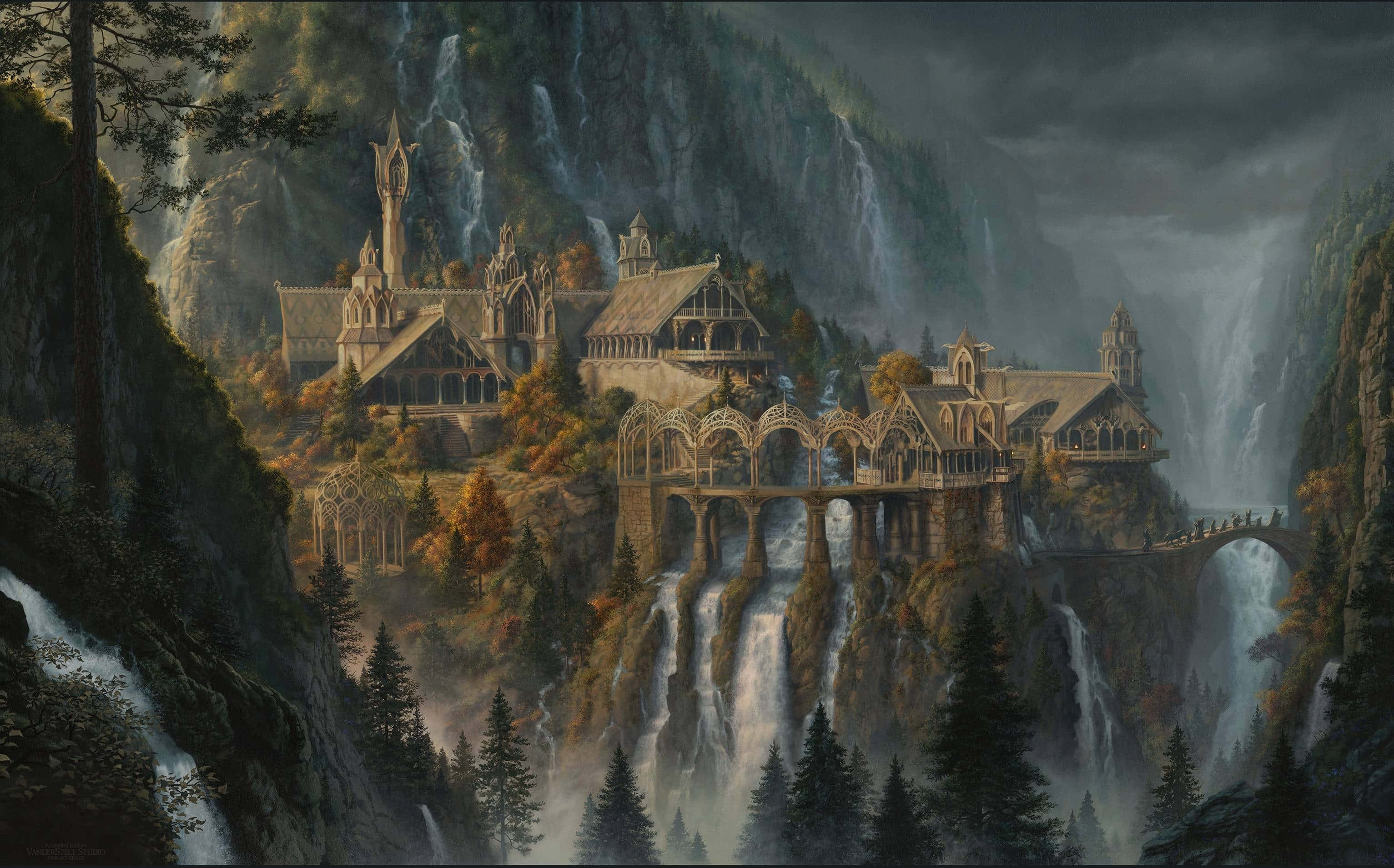 Lotr 桌布 壁紙 — 一座宏偉的哥德式城堡坐落在迷霧懸崖上，瀑布傾瀉而下，秋樹在暴風雨的天空下搖曳。
