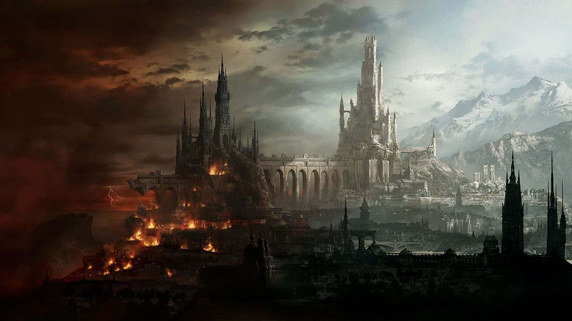 Dark Realm 桌布 壁紙 — 一座宏偉的哥德式城堡建築群坐落在懸崖邊，下方是烈火焚燒的毀滅景象，遠方是白雪覆蓋的山脈，天空風起雲湧。