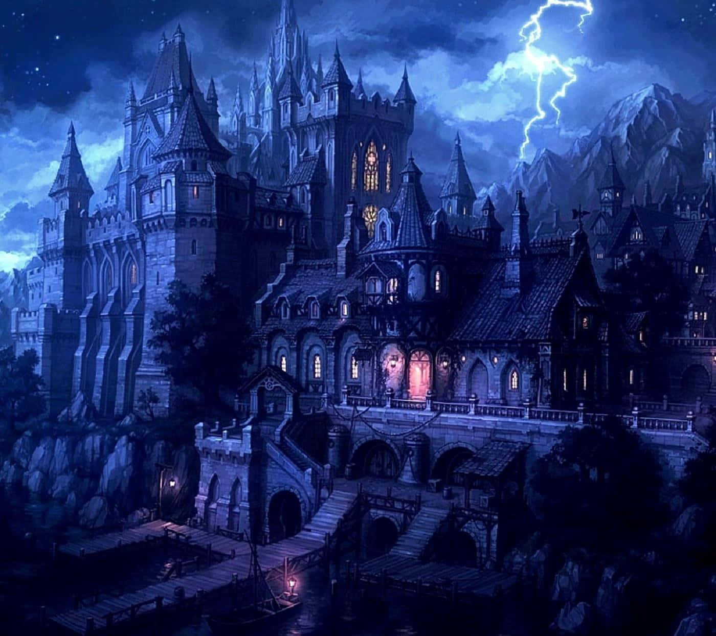 thunder 桌布 壁紙 — 一座宏偉的哥德式城堡矗立在懸崖上，暴風雨夜空中閃電照亮了其發光的窗戶。