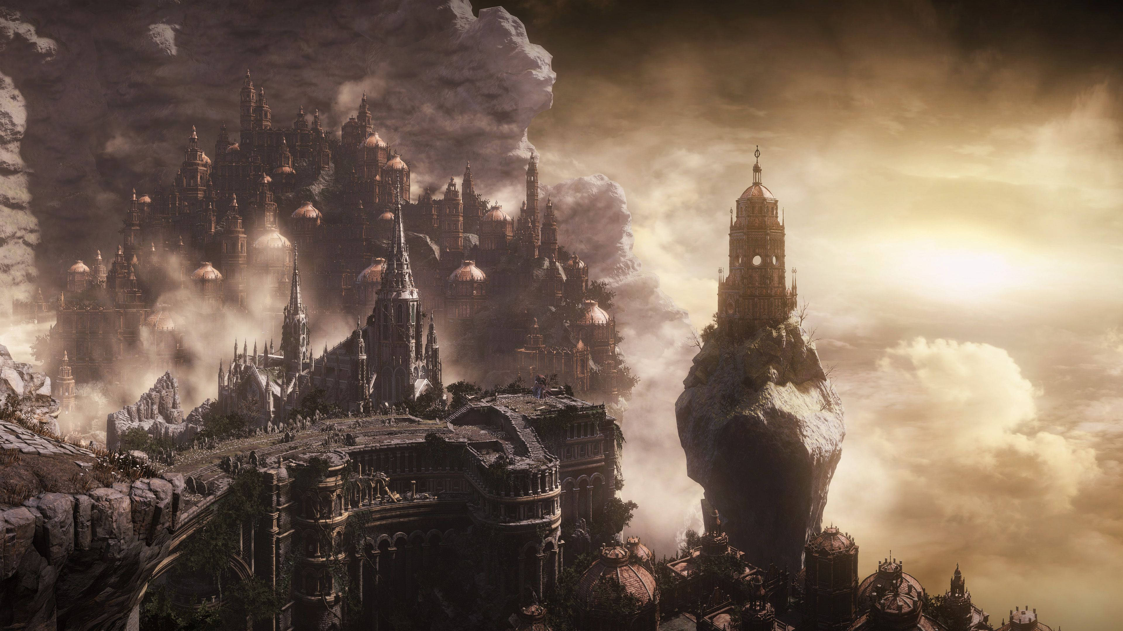 dark souls 4K 桌布 壁紙 — 一座宏偉的哥德式城市坐落在暴風雲中的浮空島嶼上，一輪發光的太陽穿透雲層。