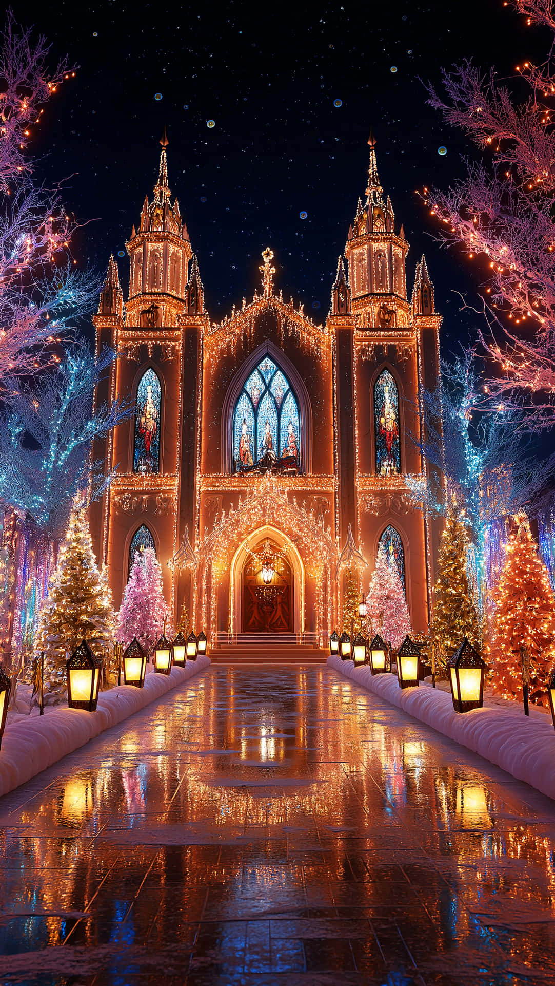 Christmas Wallpapers 壁紙 — 一座宏偉的哥德式大教堂，裝飾著金色燈光和雪花，在繁星點點的夜空下，兩側有發光的樹木。