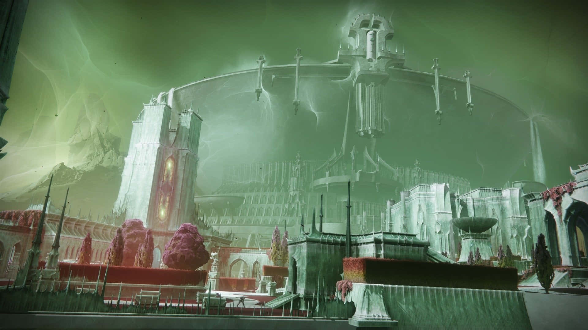 Destiny 2 桌布 壁紙 — 一座宏偉的哥德式大教堂漂浮在發光的綠色天空中，下方是廢墟城市景觀，點綴著紅色樹葉。