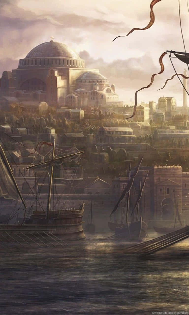 iPhone X Total War Attila 桌布 壁紙 — 一座宏偉的圓頂大教堂聳立在霧氣瀰漫的海岸城市之上，船隻停泊在港口，天空籠罩著朦朧的金色。