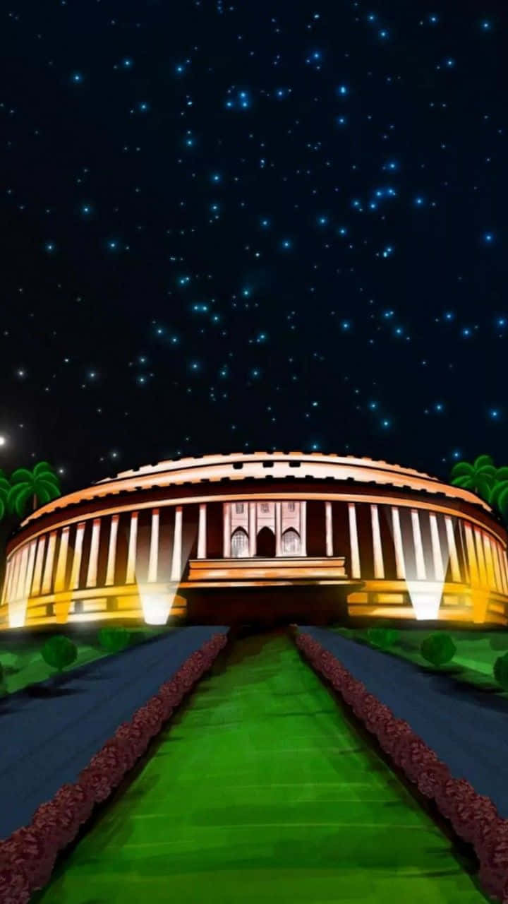 Buildings 桌布 壁紙 — 一座宏偉的圓頂建築在星空下夜間亮起，一條充滿活力的綠色小徑通往其入口。