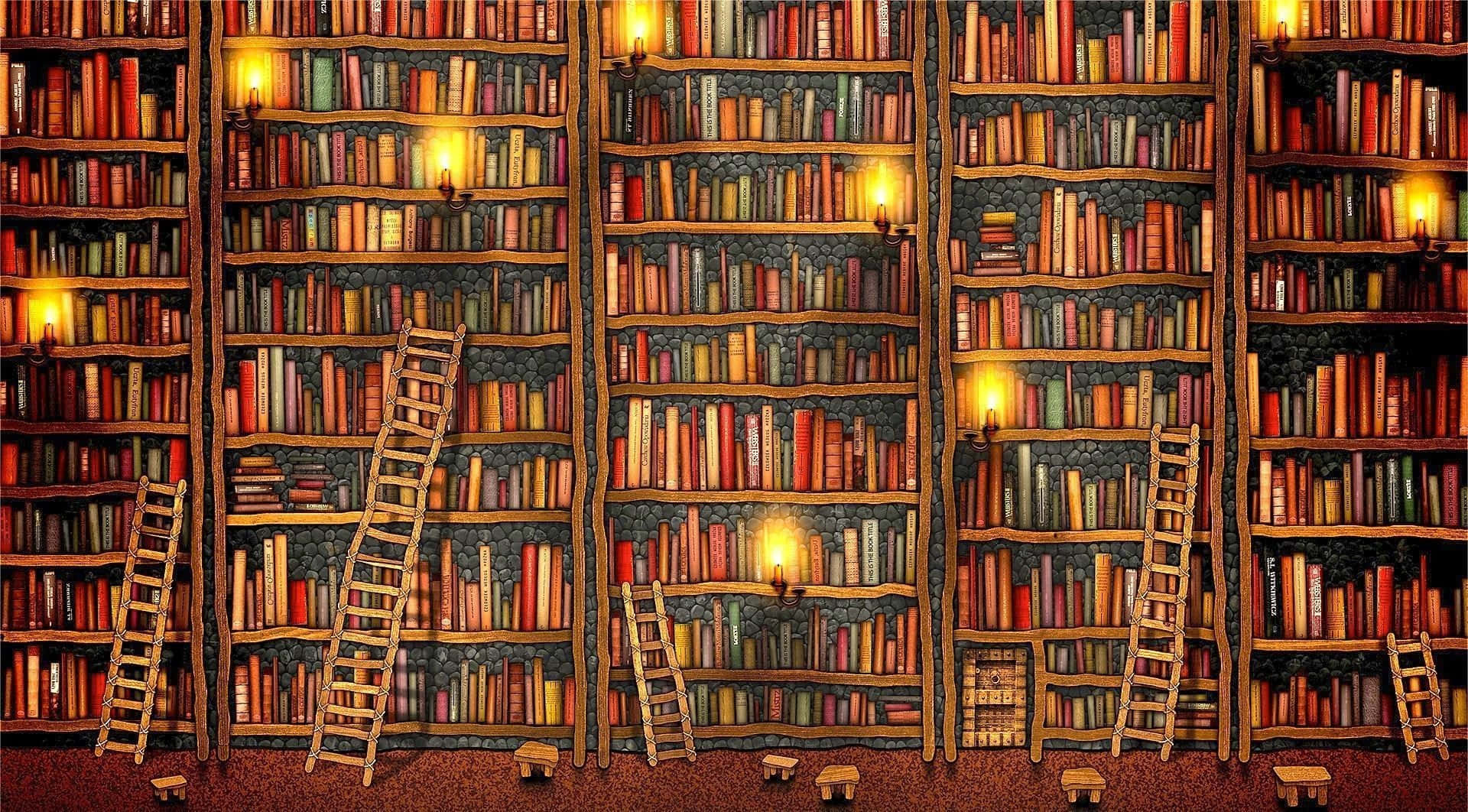 Library 桌布 壁紙 — 一座宏偉的圖書館，擁有高聳的石書架，擺滿色彩繽紛的書籍，並由木梯上的溫暖燭光照亮。