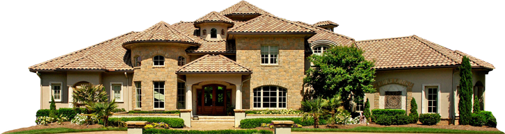 Mansion 桌布 壁紙 — 一座宏偉的地中海風格豪宅，擁有赤陶瓦屋頂和石牆，周圍環繞著修剪整齊的花園和棕櫚樹。