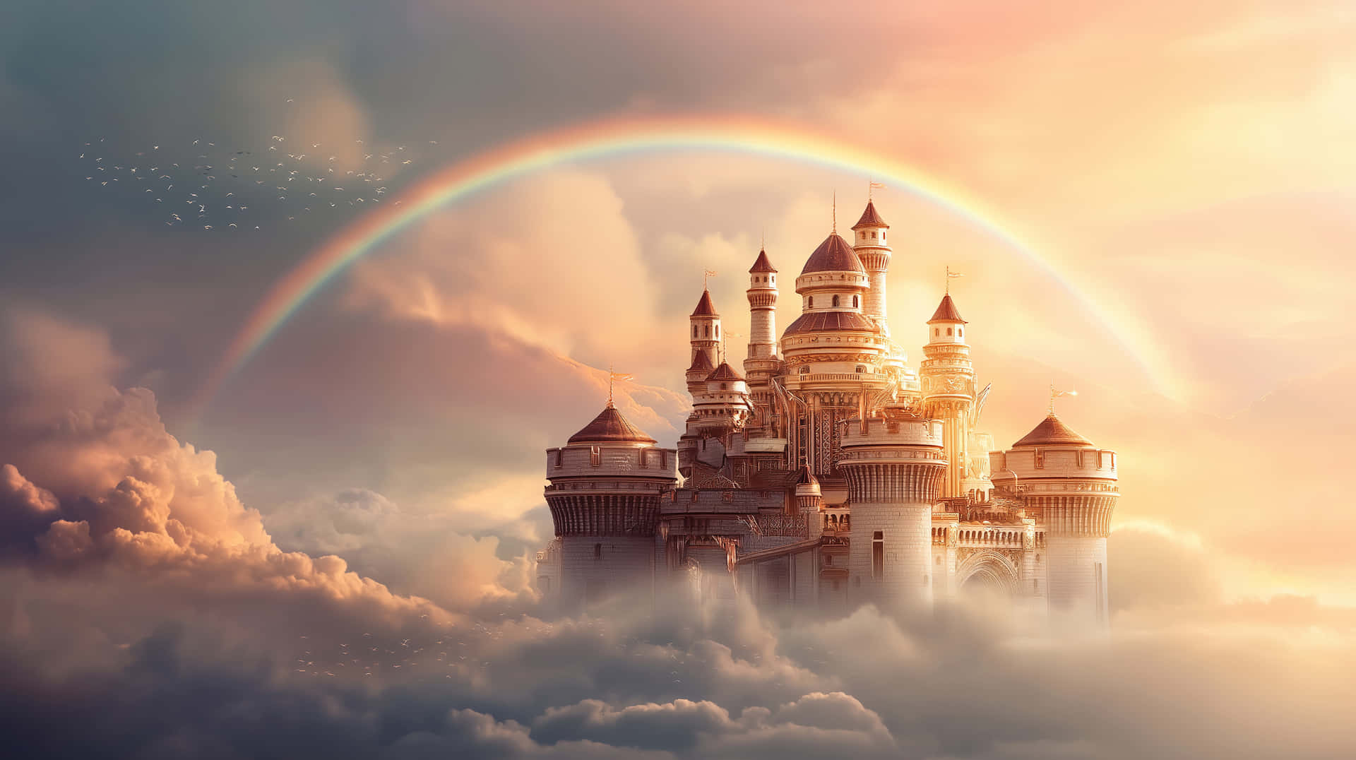 Celestial Citadel: Fairytale Castle with Golden Rainbow 壁紙 — 一座宏偉的城堡，擁有圓頂塔樓和角樓，從雲層中升起，在金色的天空中有一道鮮豔的彩虹拱橋。