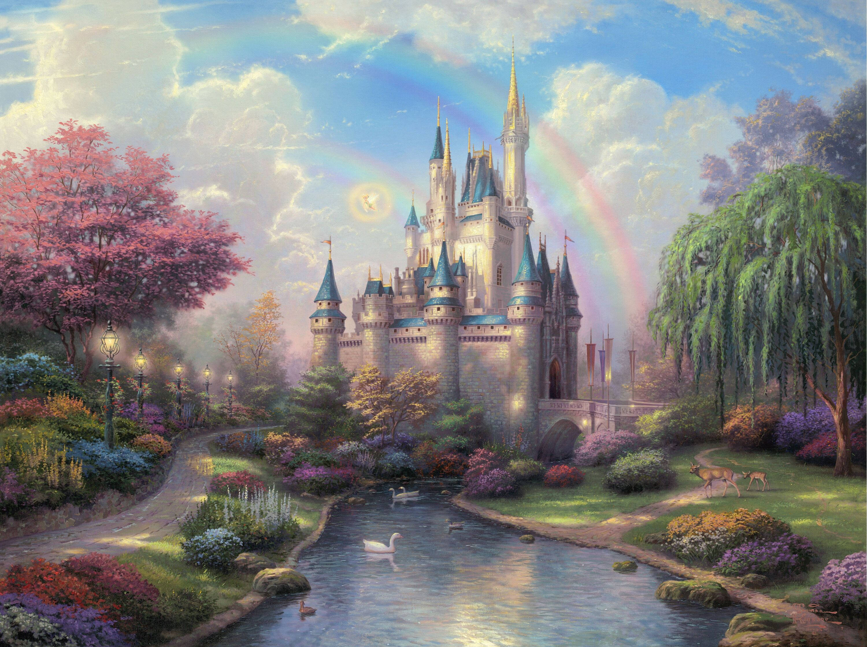 Disneyland Castle 桌布 壁紙 — 一座宏偉的城堡，擁有藍色尖頂，矗立在鮮豔的彩虹下，周圍是盛開的花園和天鵝悠游的寧靜河流。