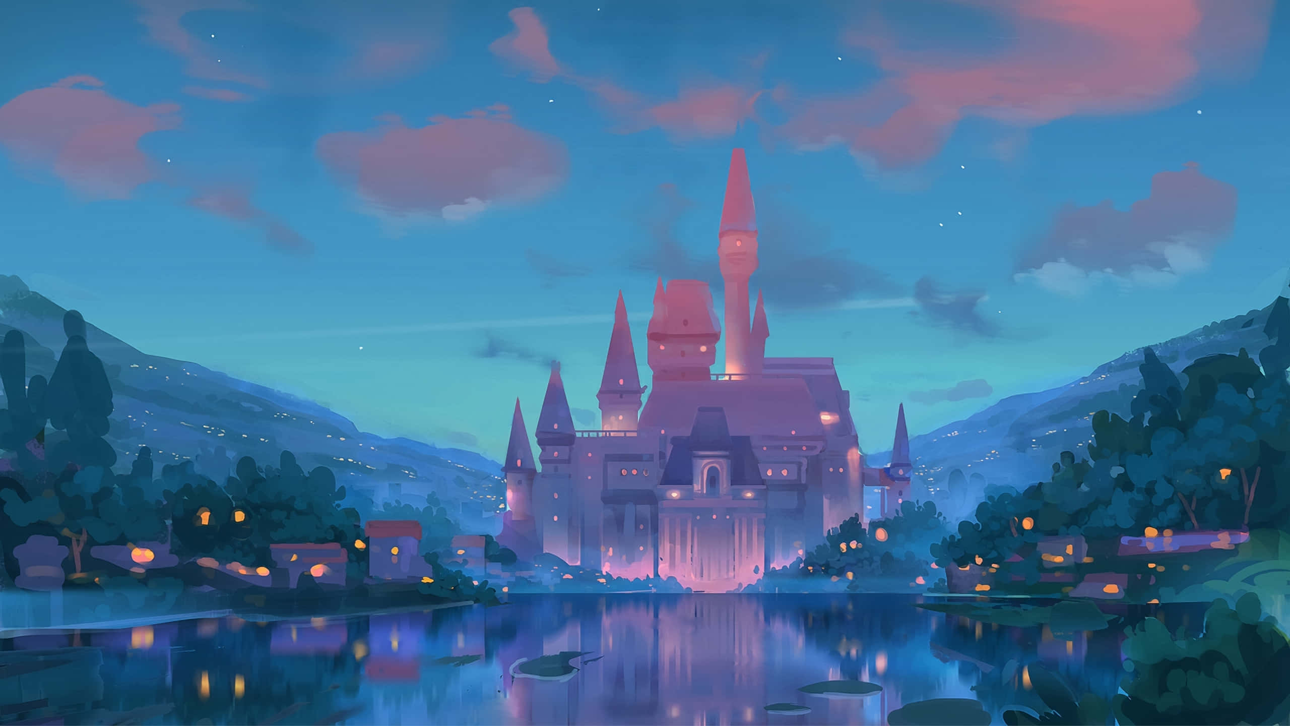 Fairytale 桌布 壁紙 — 一座宏偉的城堡，窗戶閃爍著光芒，倒映在寧靜的湖面上，天空在暮色中染上粉紅和藍色調。