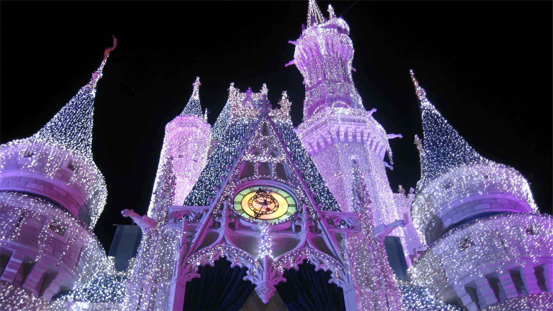 Disney Castle 桌布 壁紙 — 一座宏偉的城堡，點綴著閃爍的紫色和白色燈光，在漆黑的夜空中閃耀。