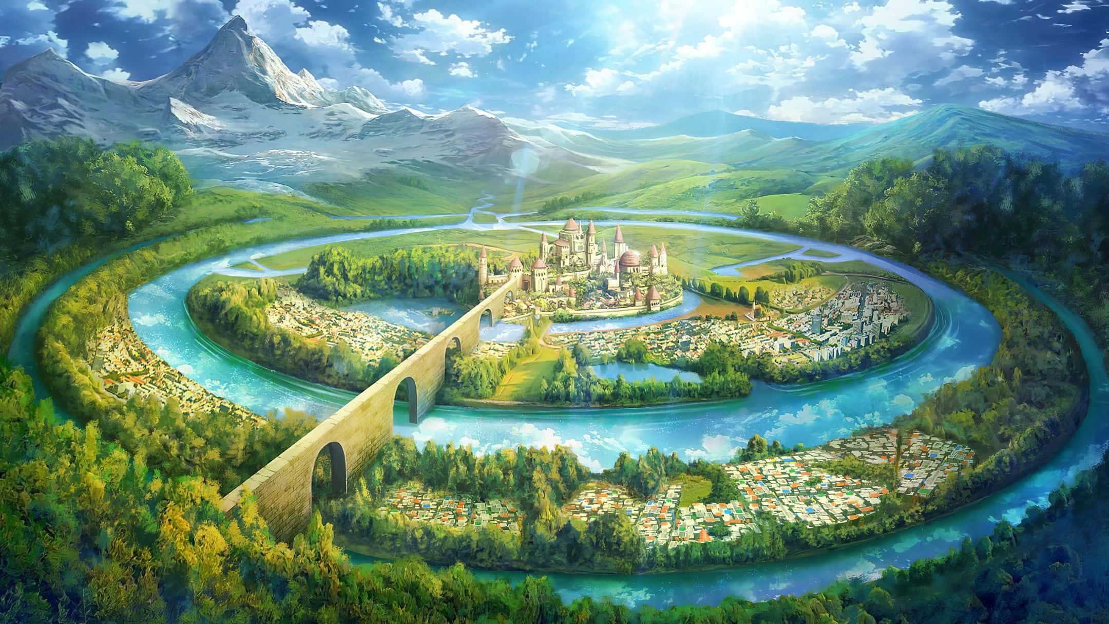 2160x1215 桌布 壁紙 — 一座宏偉的城堡和小鎮坐落在鬱鬱蔥蔥的山谷中，周圍環繞著蜿蜒的河流和白雪皚皚的山脈，在明亮的藍天下。