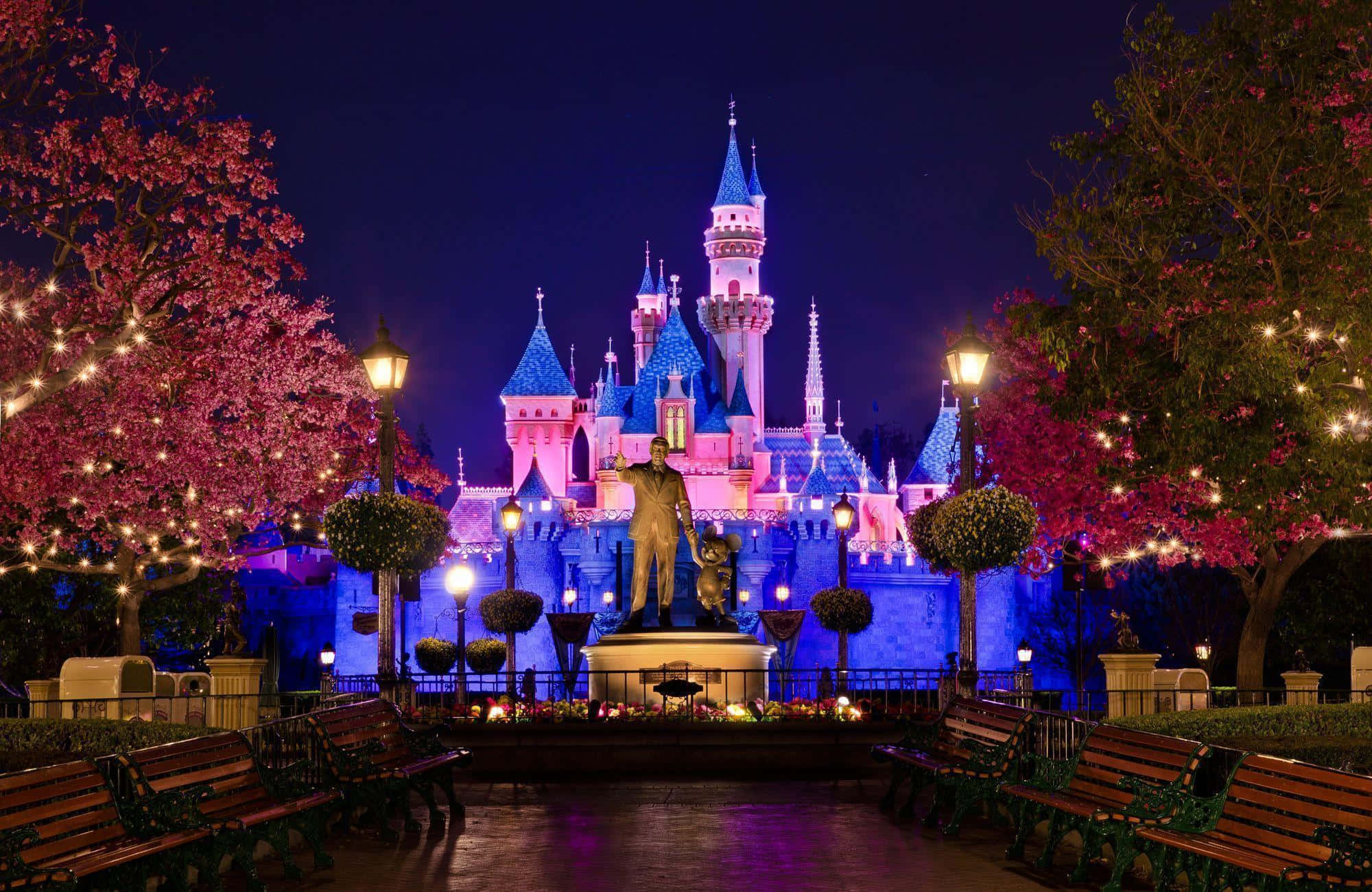 Disneyland 桌布 壁紙 — 一座宏偉的城堡在夜晚被粉紅色和藍色的燈光照亮，周圍環繞著櫻花樹和發光的燈籠。