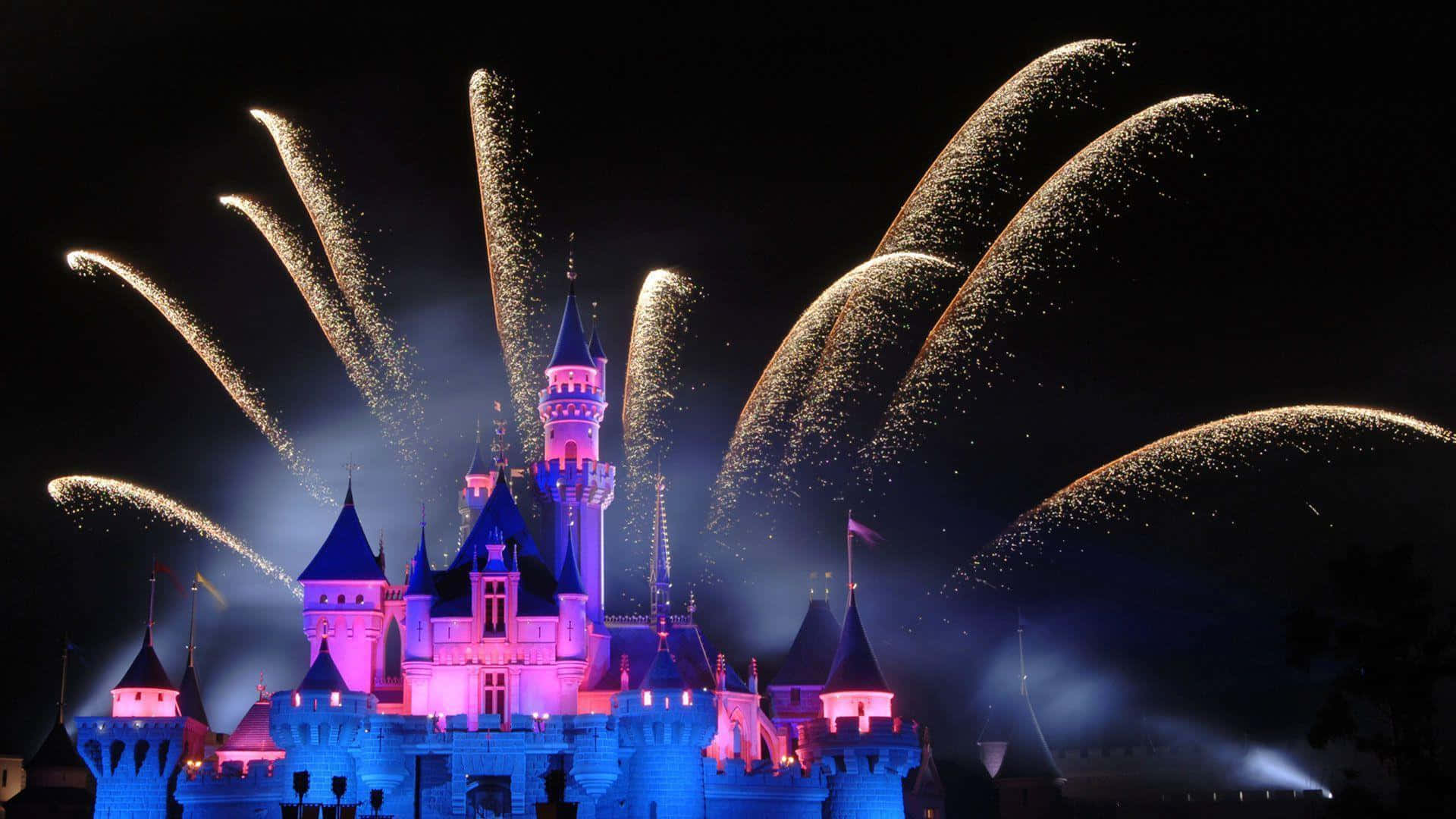 Disneyland 桌布 壁紙 — 一座宏偉的城堡被粉紅色和藍色的燈光照亮，金色的煙火在夜空中戲劇性地劃出弧線。