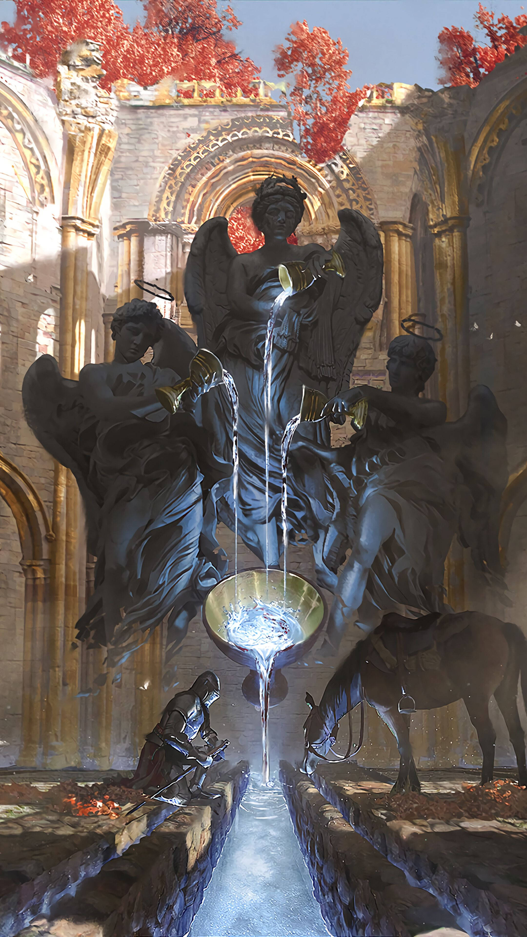 Dark Ages 桌布 壁紙 — 一座宏偉的天使噴泉將發光的水倒入盆中，一位騎士跪著，一匹馬在古老的石拱門下飲水。