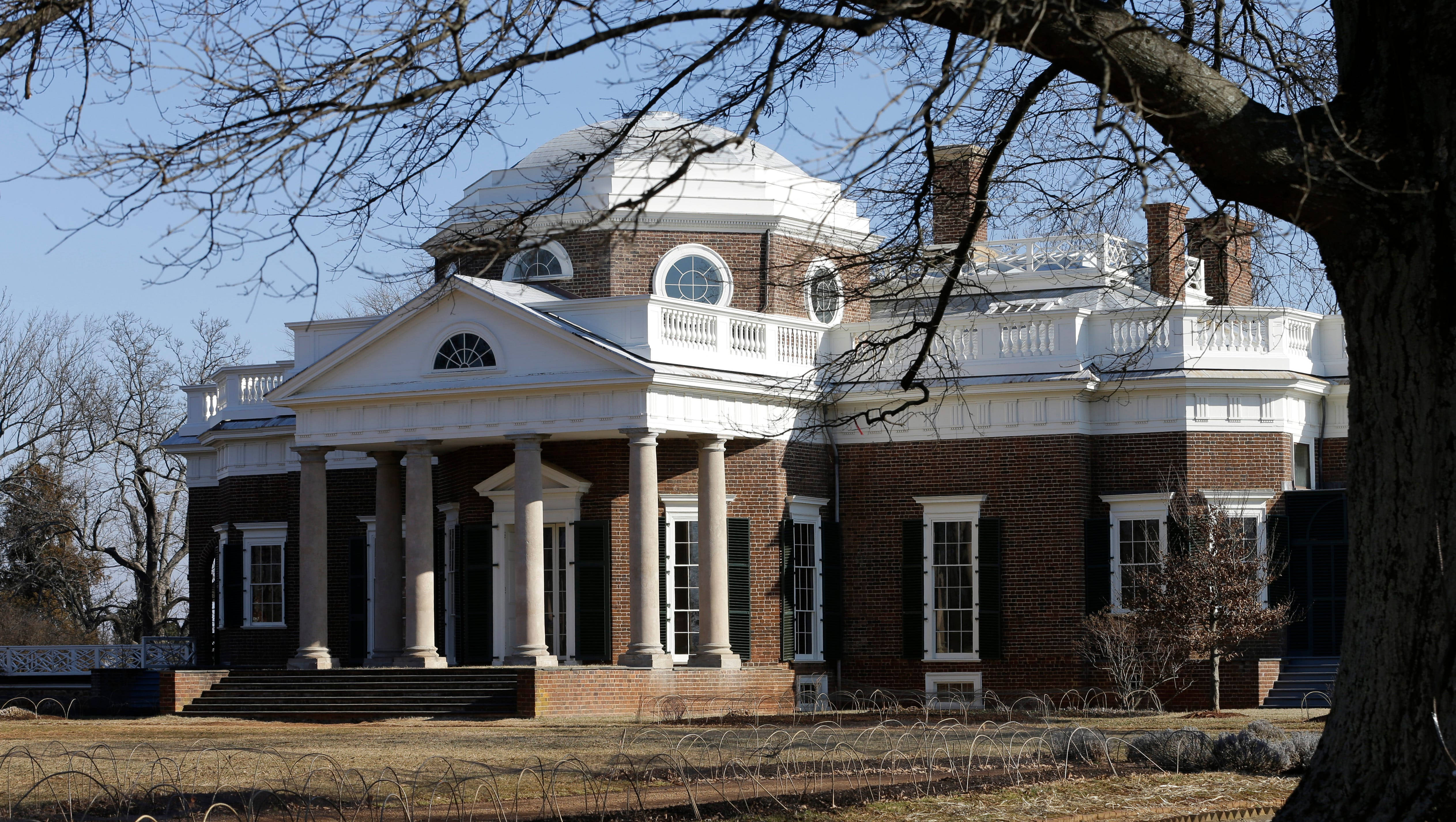 Virginia 桌布 壁紙 — 一座宏偉的新古典主義豪宅，擁有白色柱子和圓頂，矗立在晴朗的藍天下，周圍是光禿禿的冬季樹木。