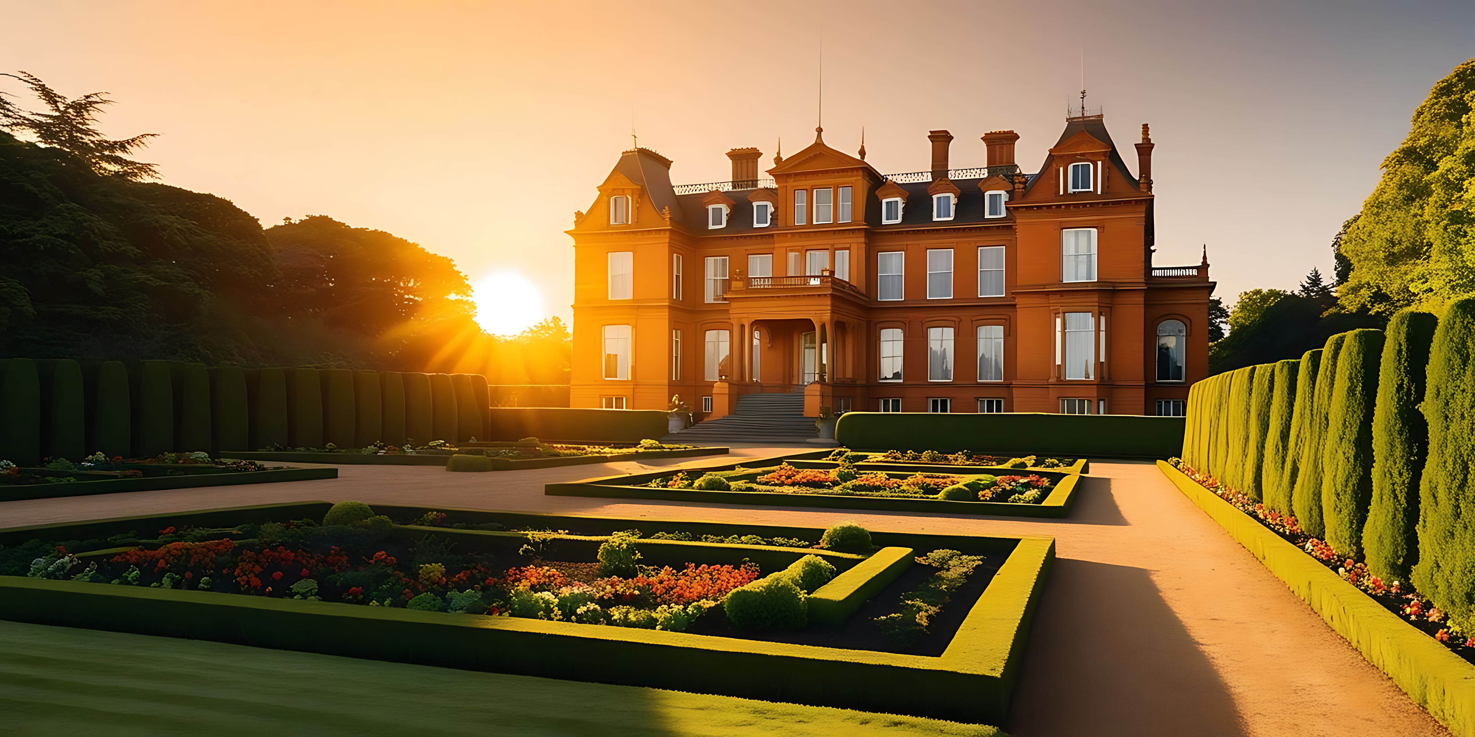 Mansion 桌布 壁紙 — 一座宏偉的橙色豪宅沐浴在金色夕陽的光芒中，矗立在修剪整齊的樹籬和幾何形花壇之後。