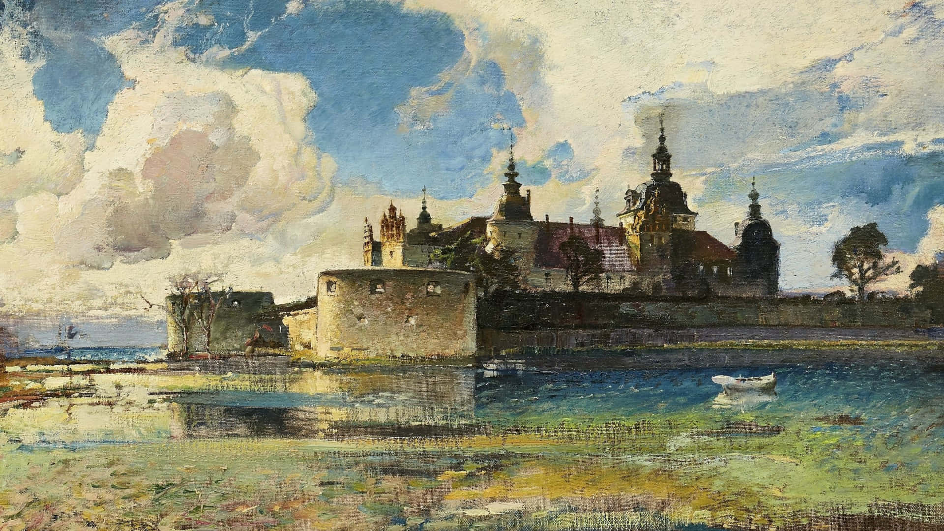 Painting 桌布 壁紙 — 一座宏偉的歷史城堡，帶有塔樓和紅色屋頂，矗立在一個被平靜水域環繞的設防島嶼上，上方是戲劇性的多雲天空。